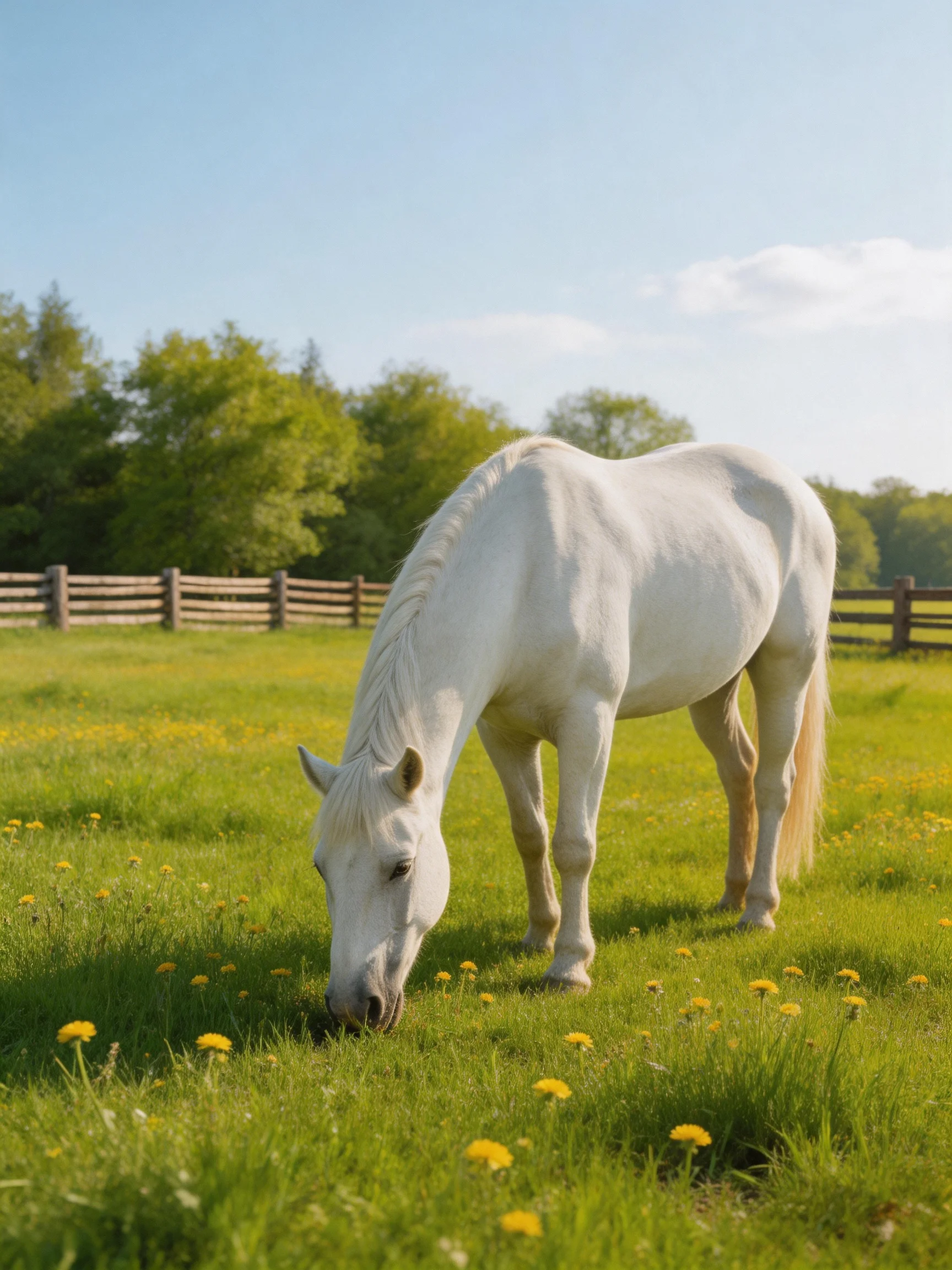 A white horse grazes among yellow flowers in a sunlit pasture.