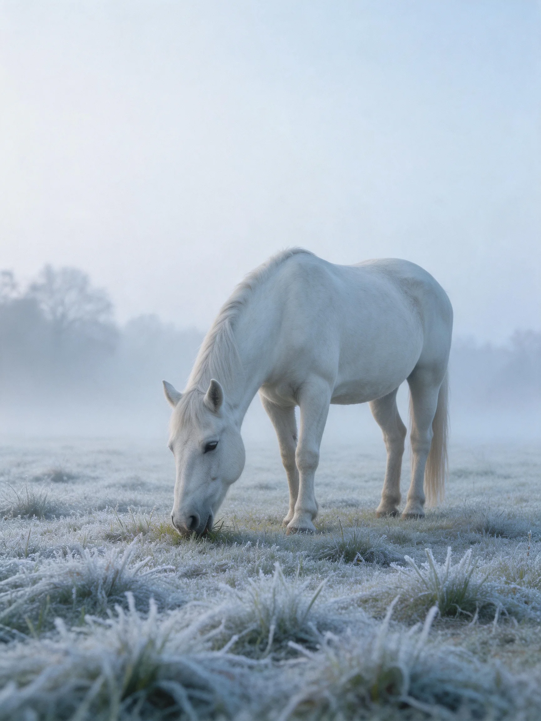 A white horse grazing in a frost-covered field under morning mist