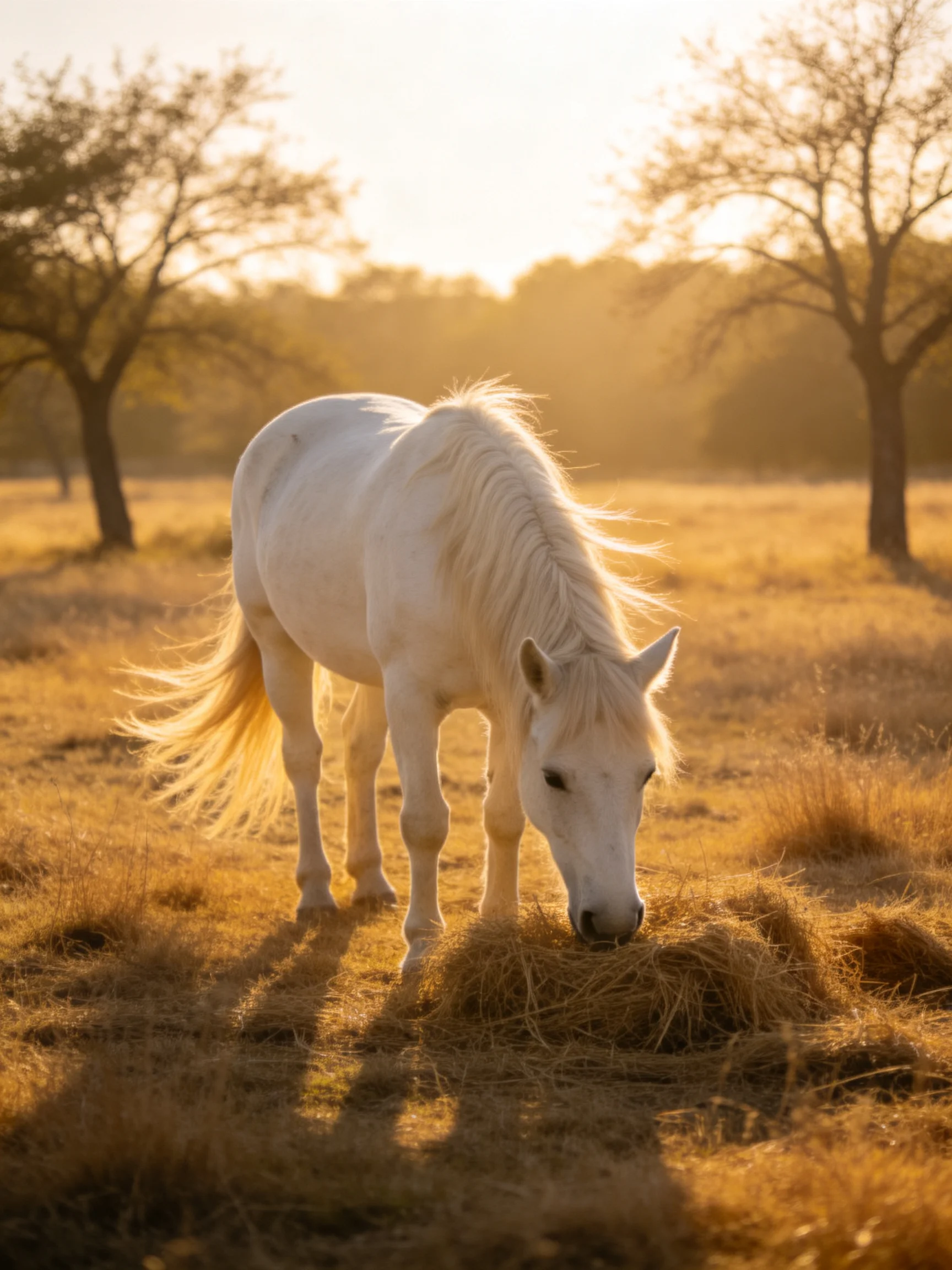 A white horse grazing in a golden field with scattered trees