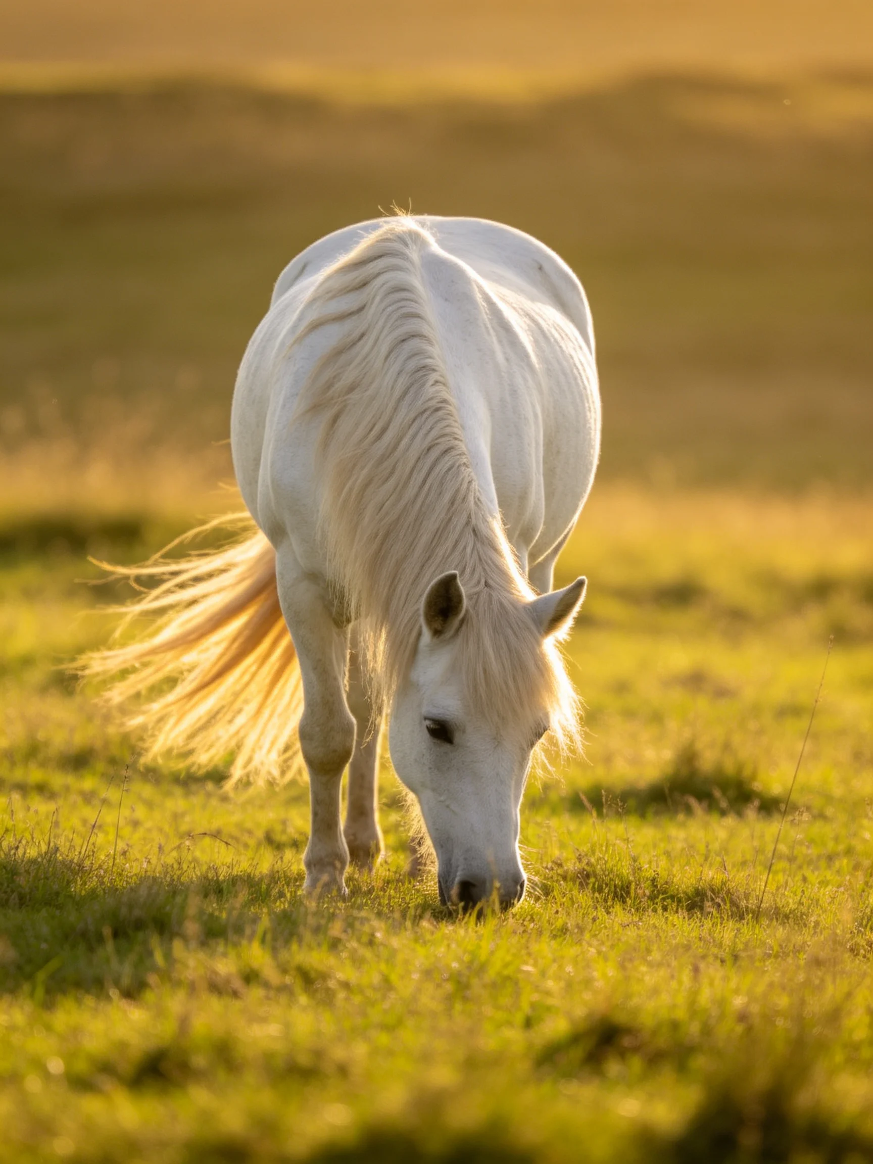 A white horse grazing in a golden-lit green meadow