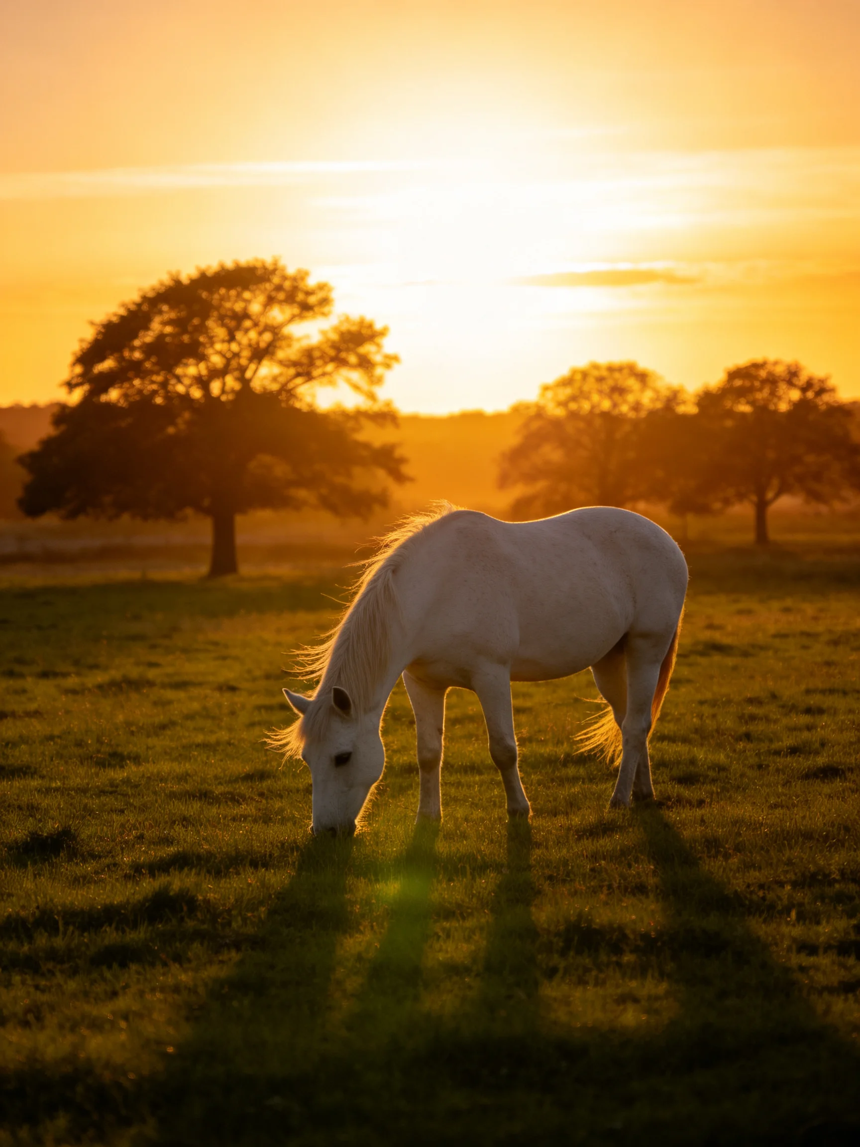 A white horse grazes in a golden-hour field near silhouetted trees