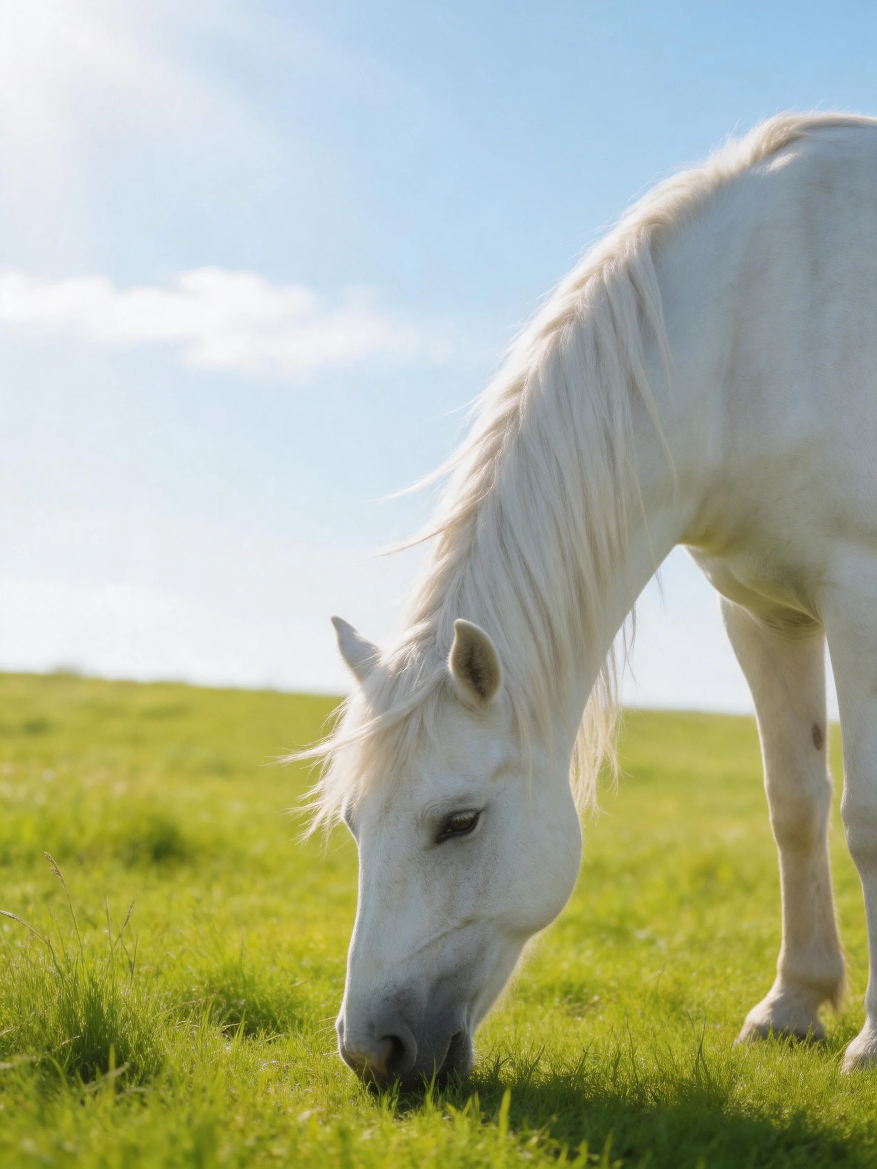 A white horse grazes in a sunlit green meadow.