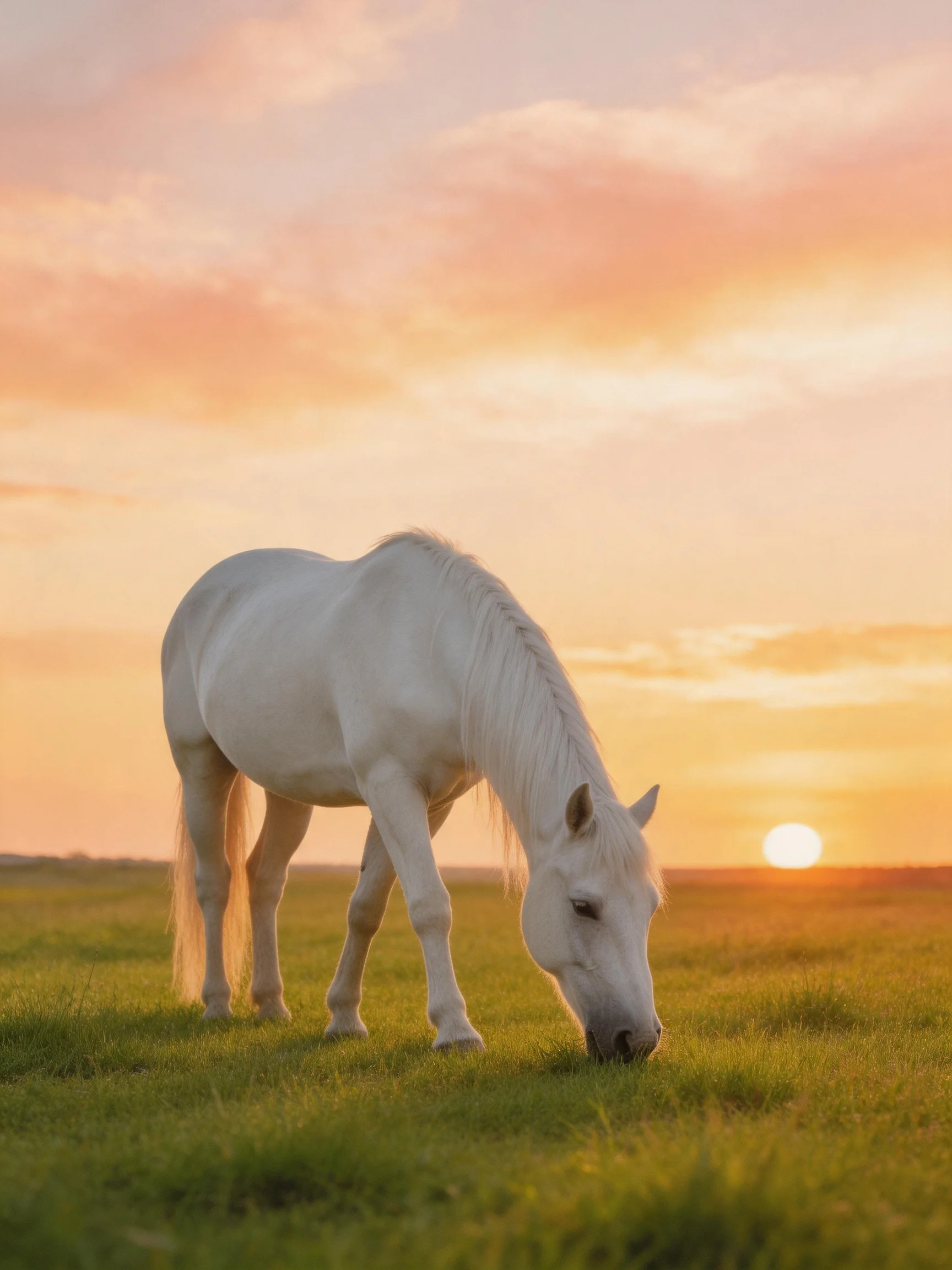 A white horse grazes in a green meadow under a colorful sunset sky.