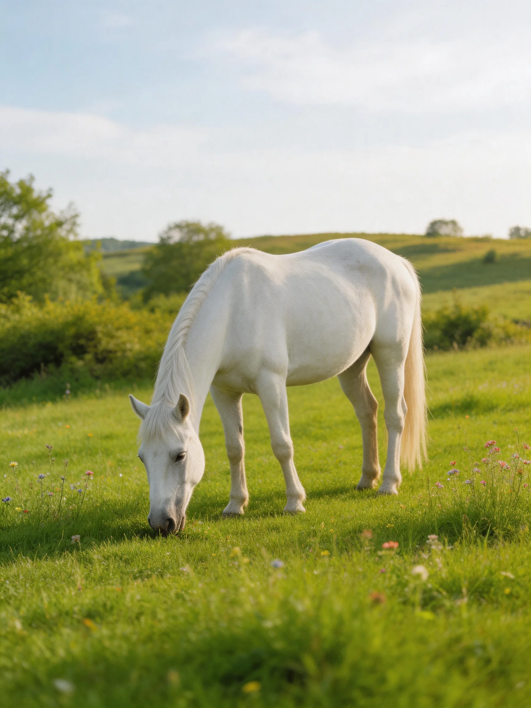 A white horse peacefully grazes in a vibrant green meadow.