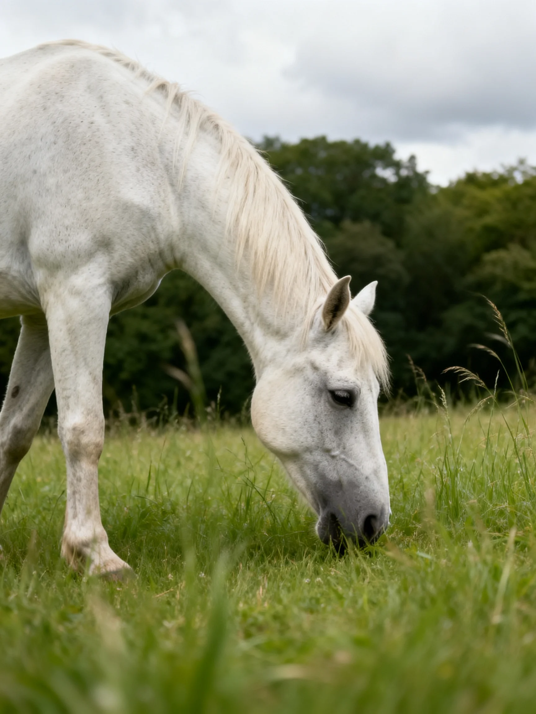 A white horse grazing in a lush green meadow with dark trees nearby