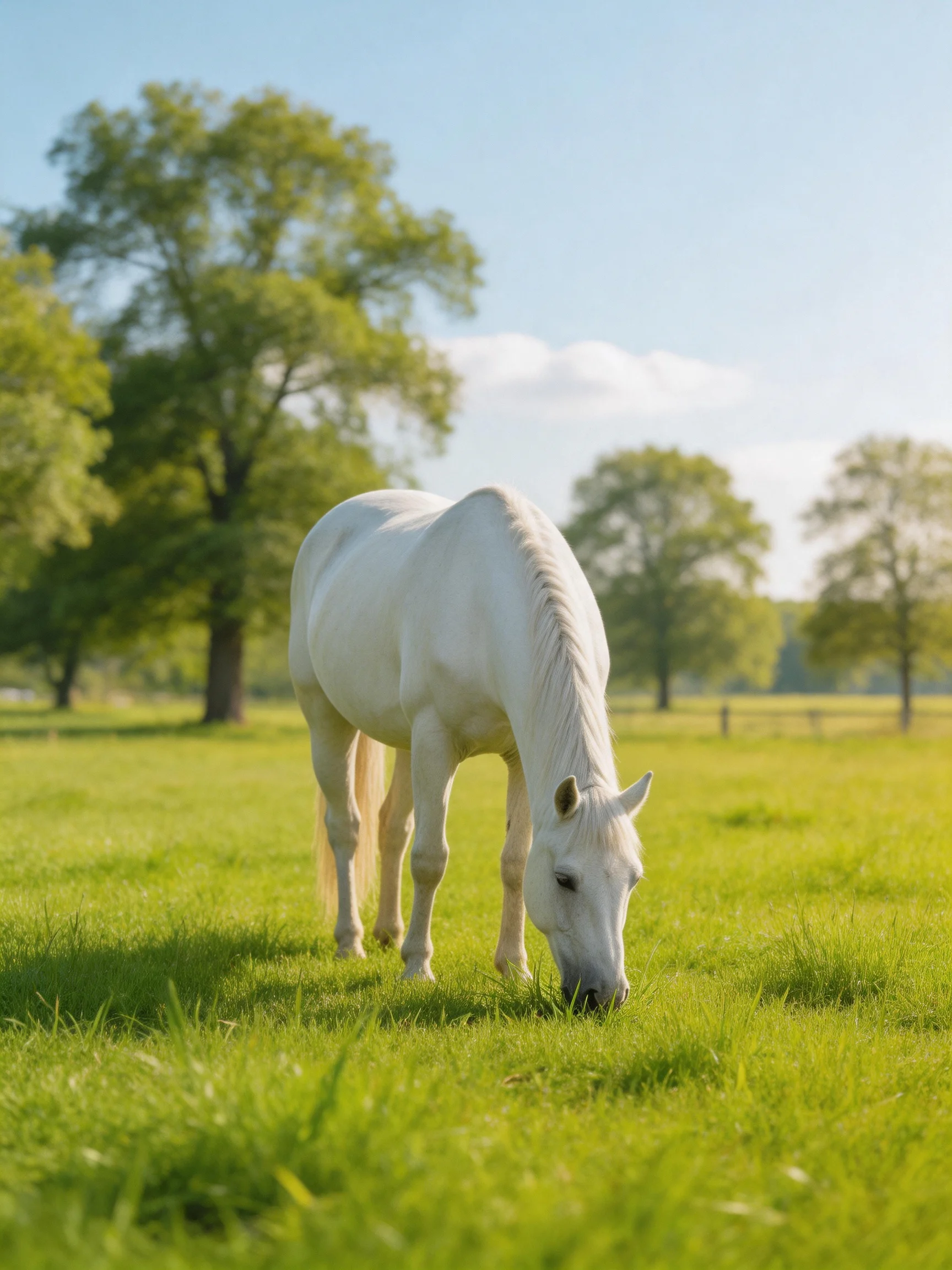 A white horse grazes in a sunlit meadow near tall trees.