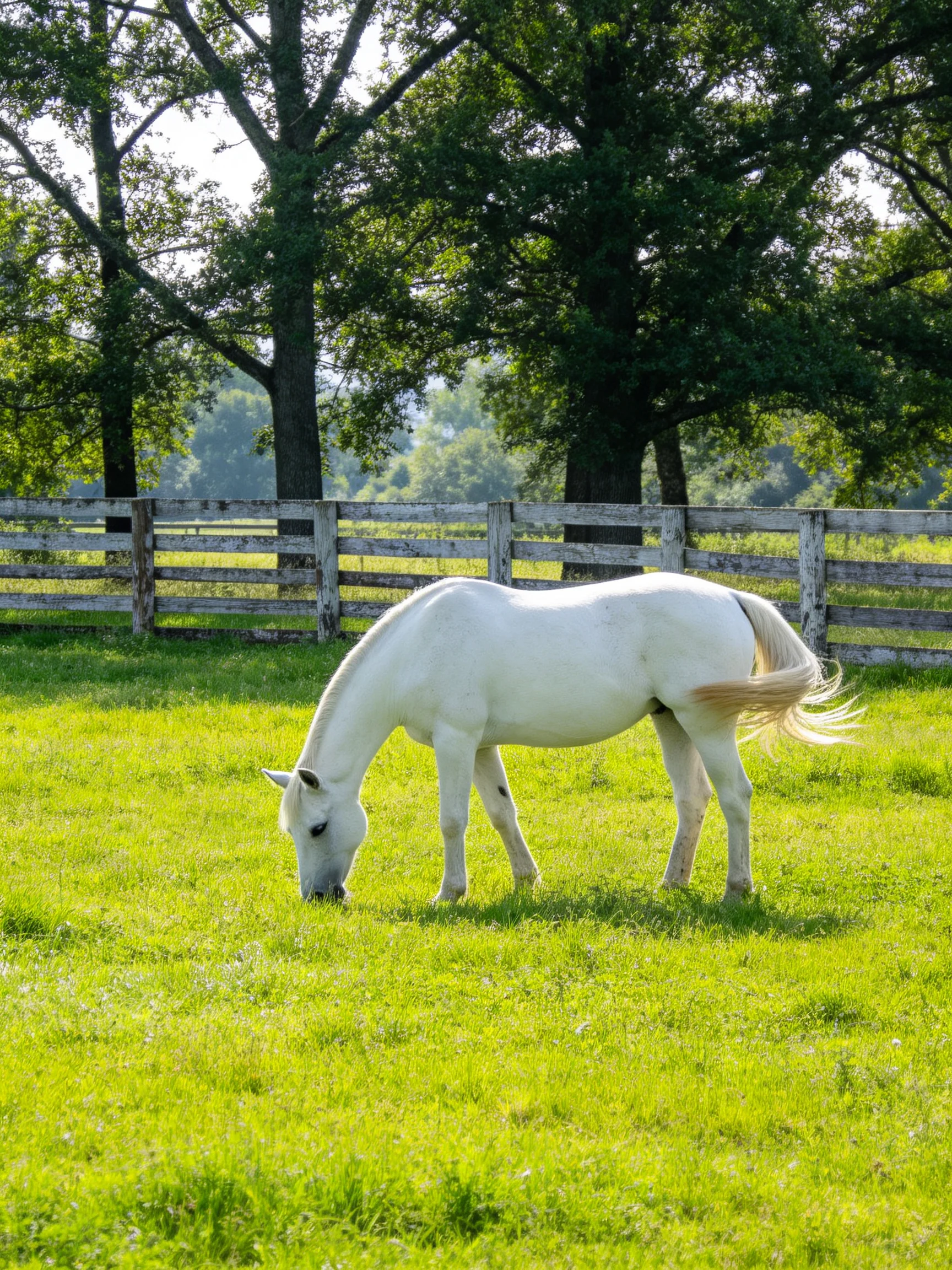 A white horse grazes in a sunlit pasture with wooden fences and trees.