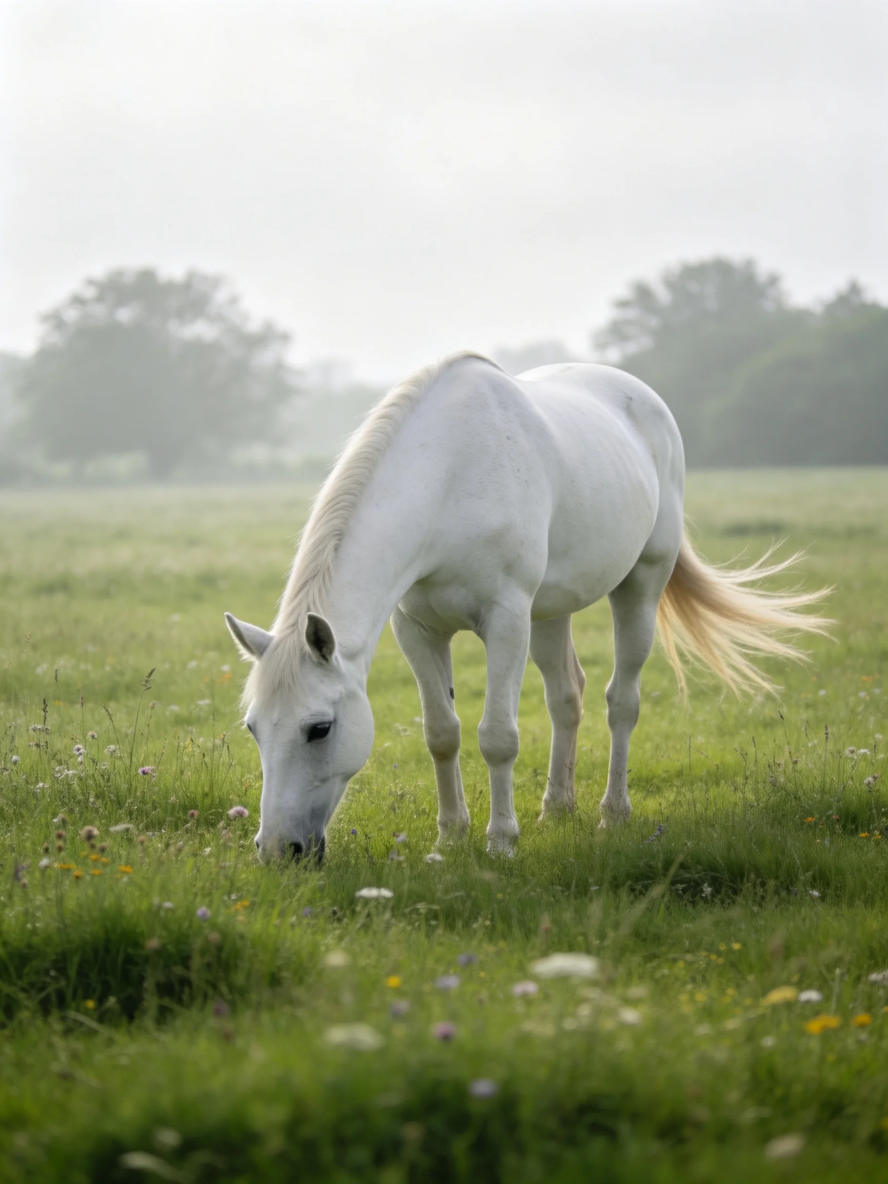 A white horse grazes in a misty meadow with lush greenery.