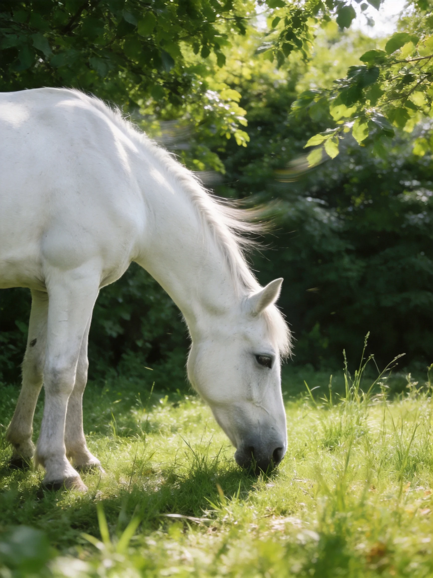 A white horse grazing in a sun-dappled green meadow