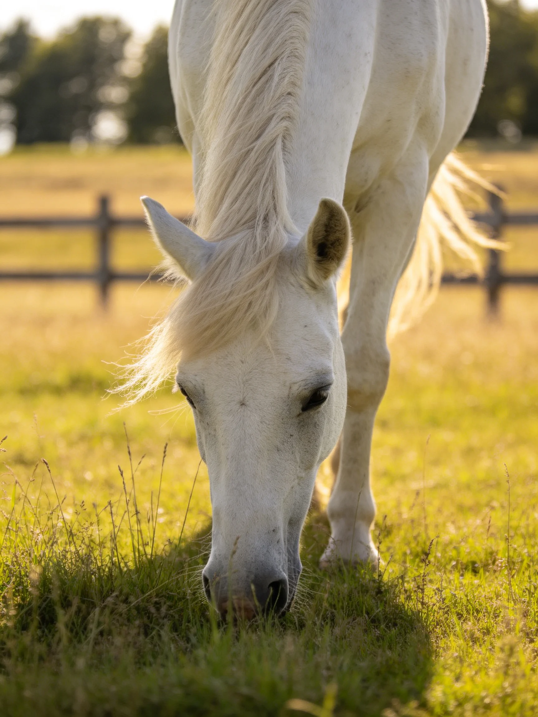 A white horse grazing in a sunlit field with a wooden fence