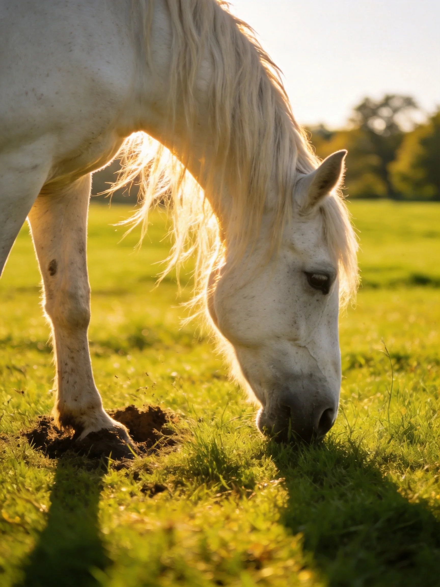 A white horse grazes in a sunlit green field.
