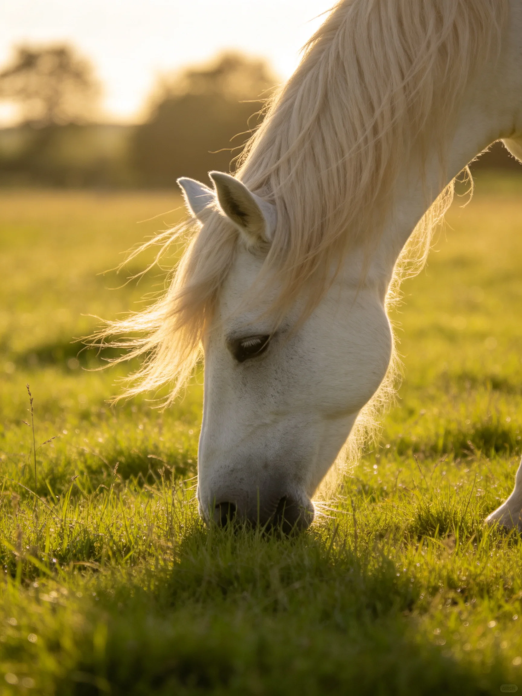 A white horse grazes peacefully in a sunlit green meadow.