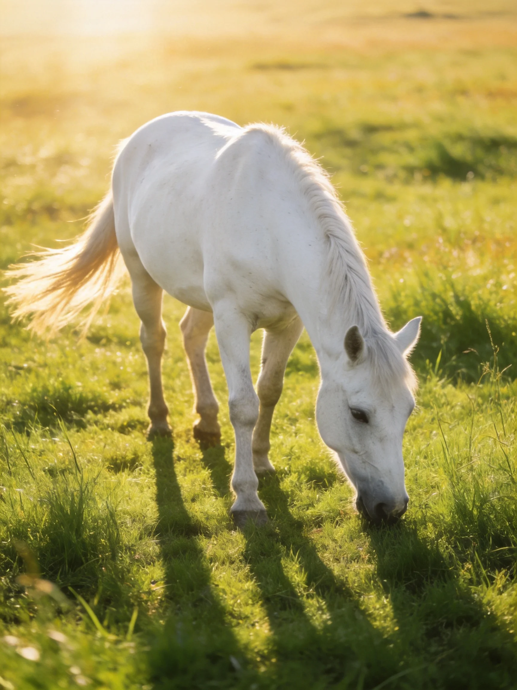 A white horse grazes in a sunlit green field.