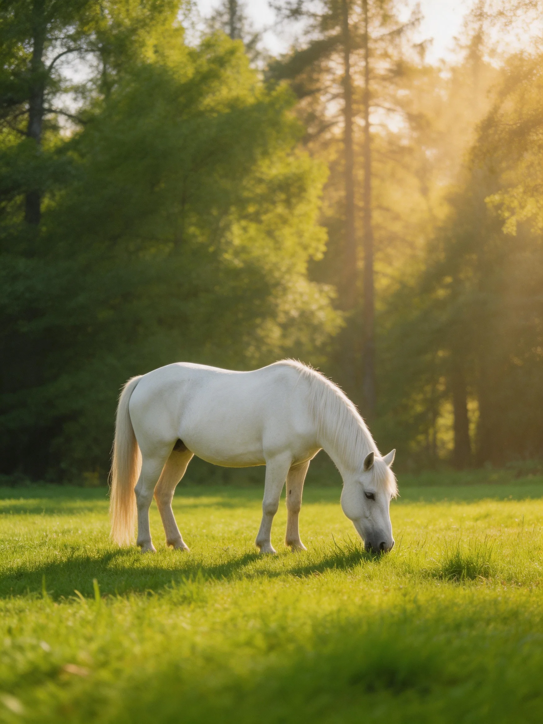 A white horse grazes in a sunlit green meadow surrounded by trees