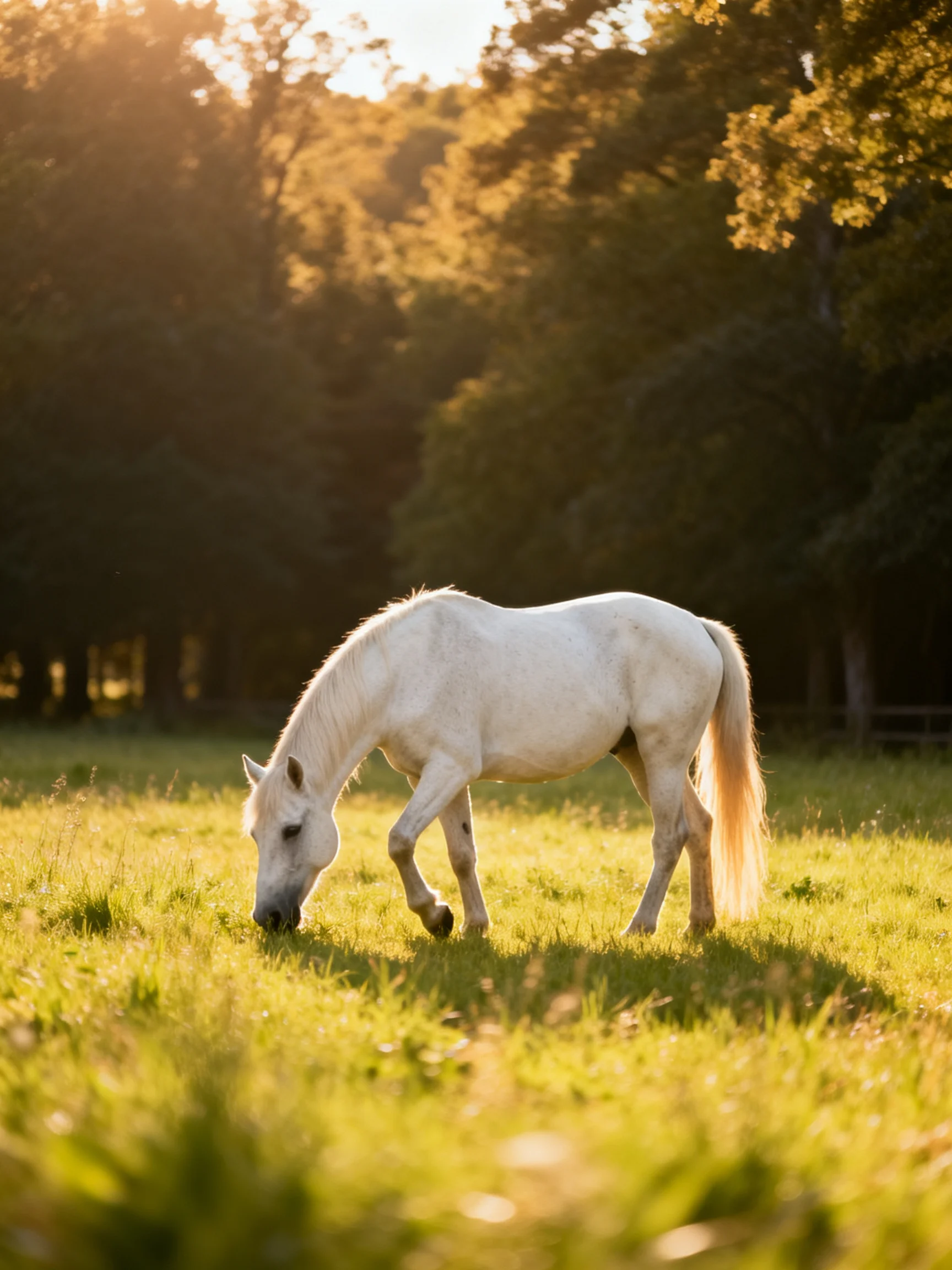 A white horse grazing in a sunlit green meadow near trees