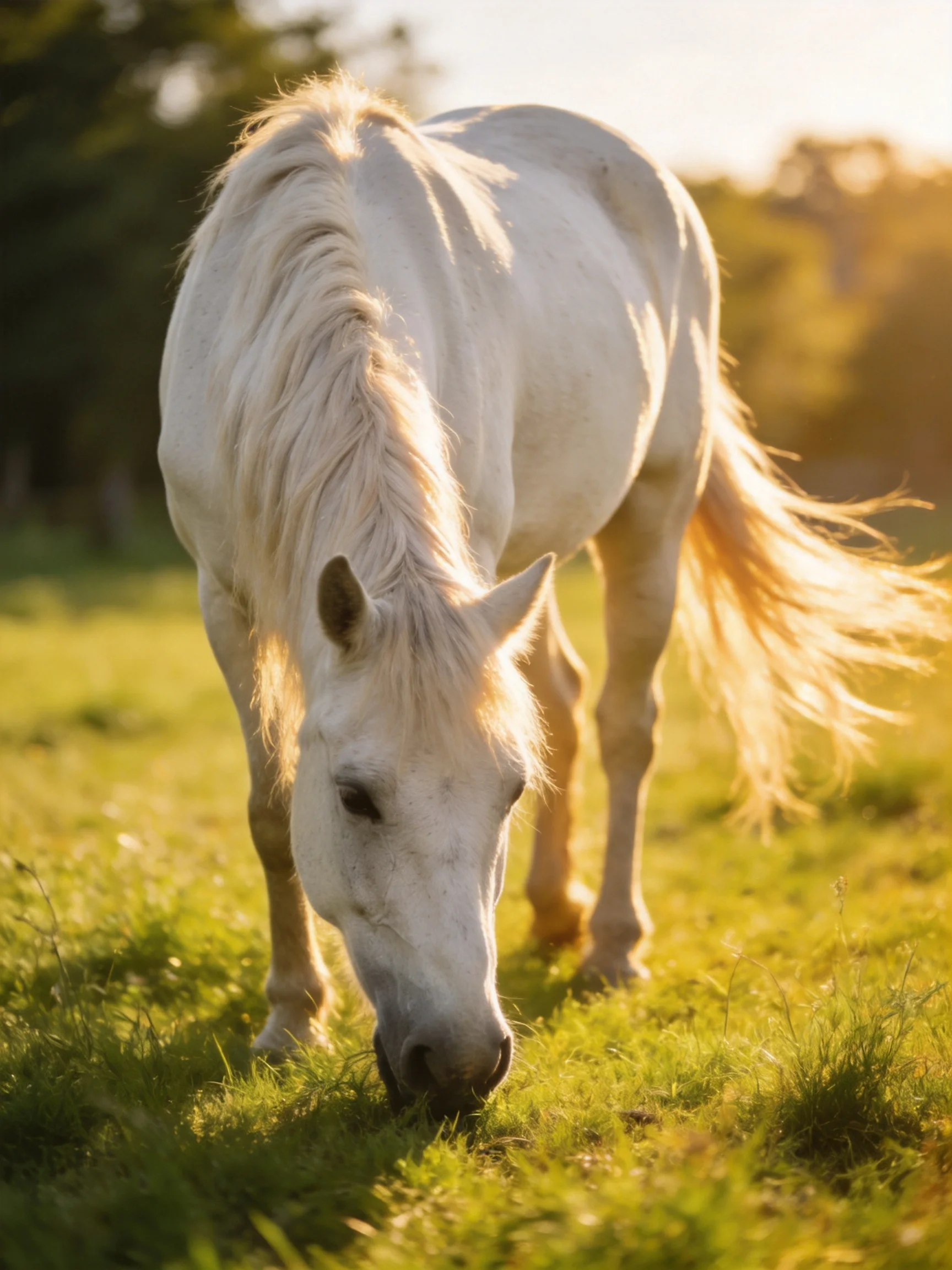 A white horse grazes in a sunlit meadow.