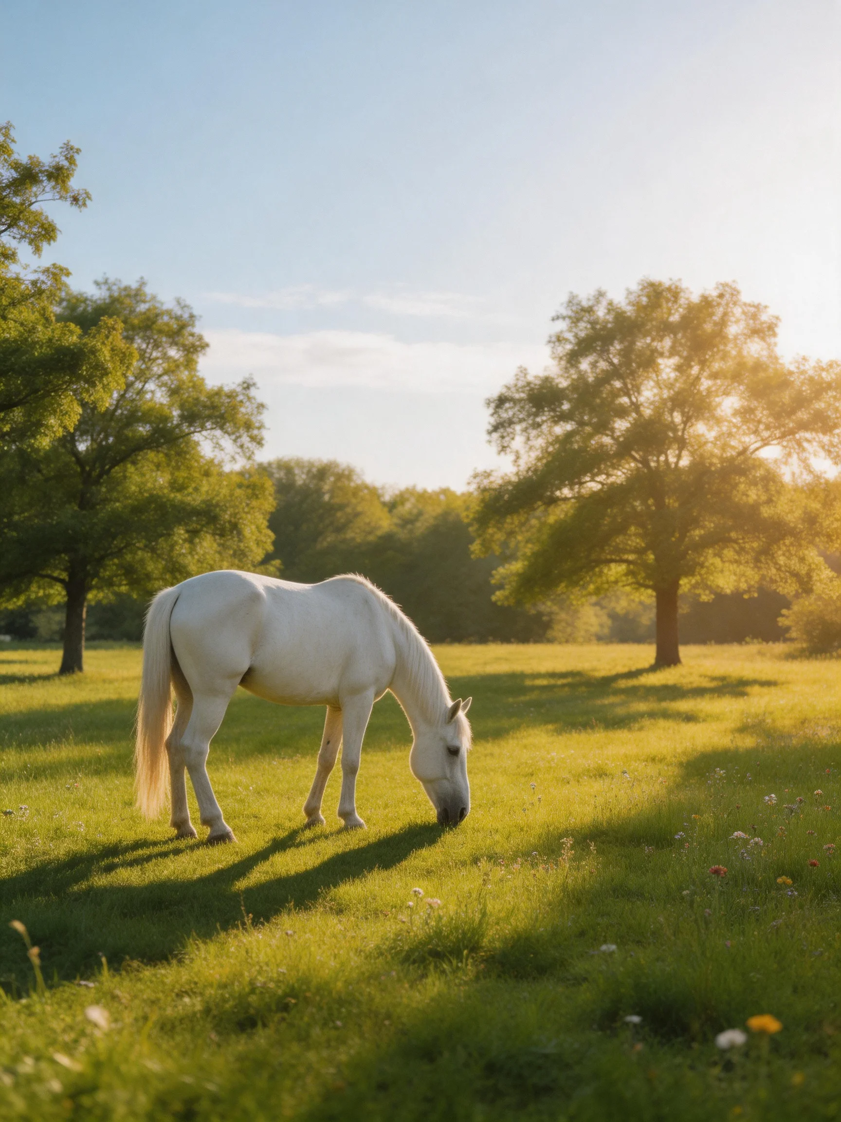 A white horse grazing in a sunlit green meadow with tall trees