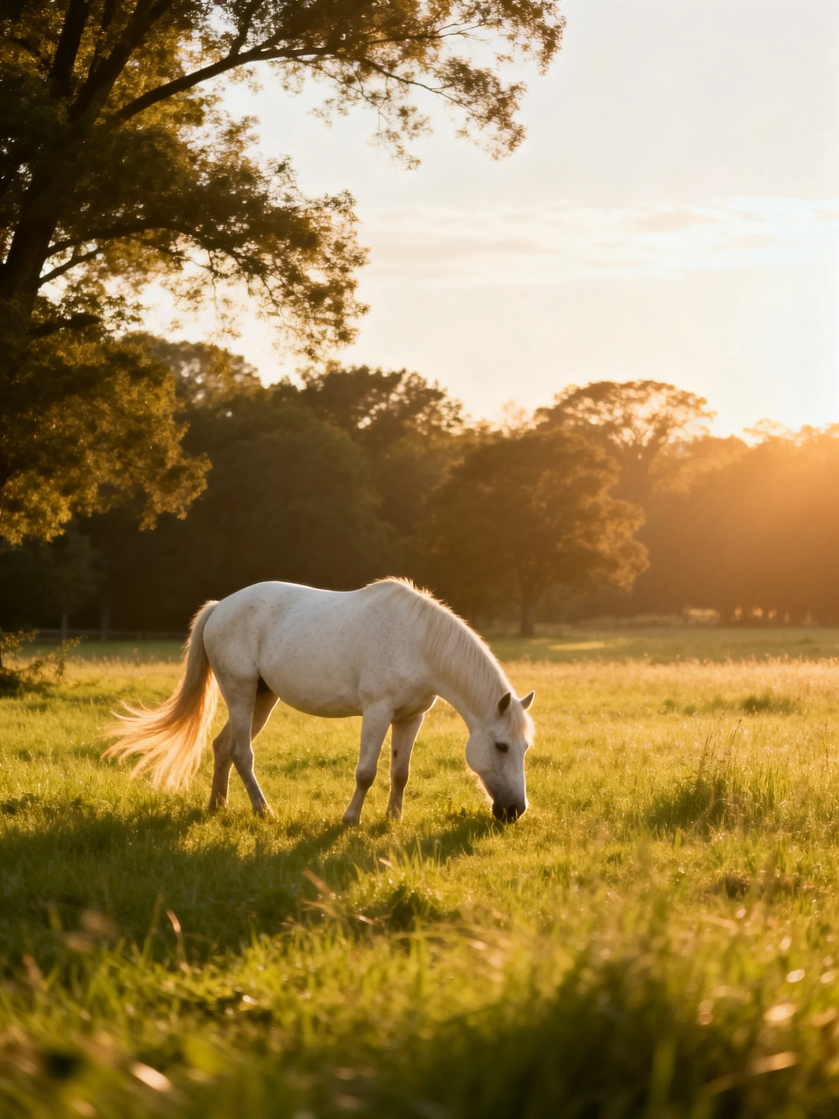 A white horse grazing in a sunlit green meadow with tall trees