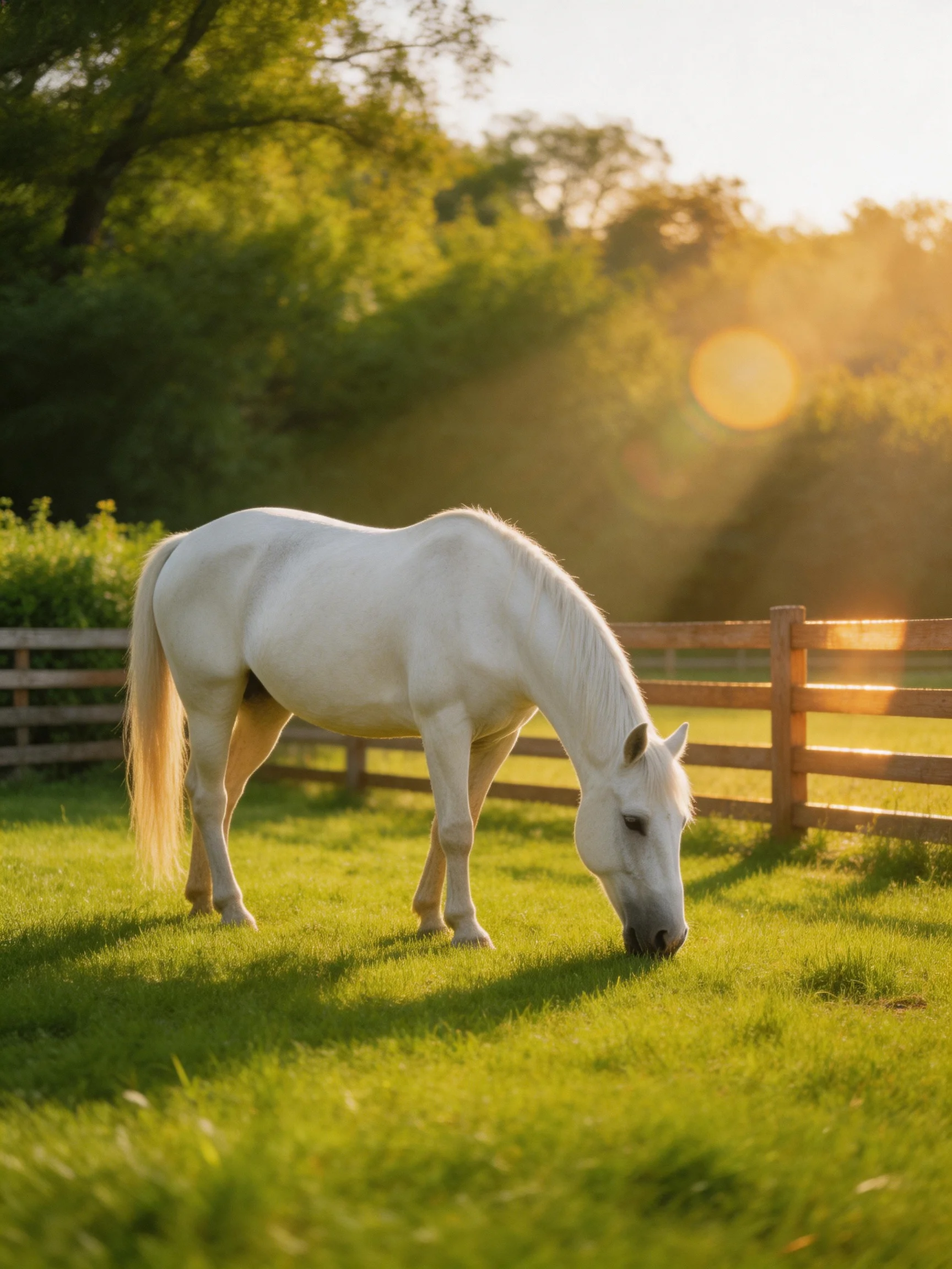 A white horse grazing in a sunlit green pasture beside a wooden fence