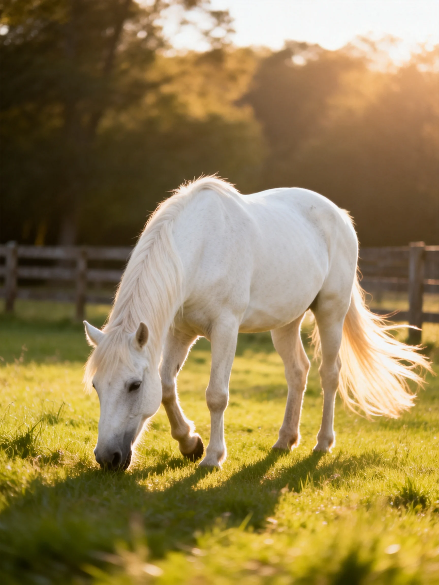 A white horse grazing in a sunlit green pasture near a wooden fence