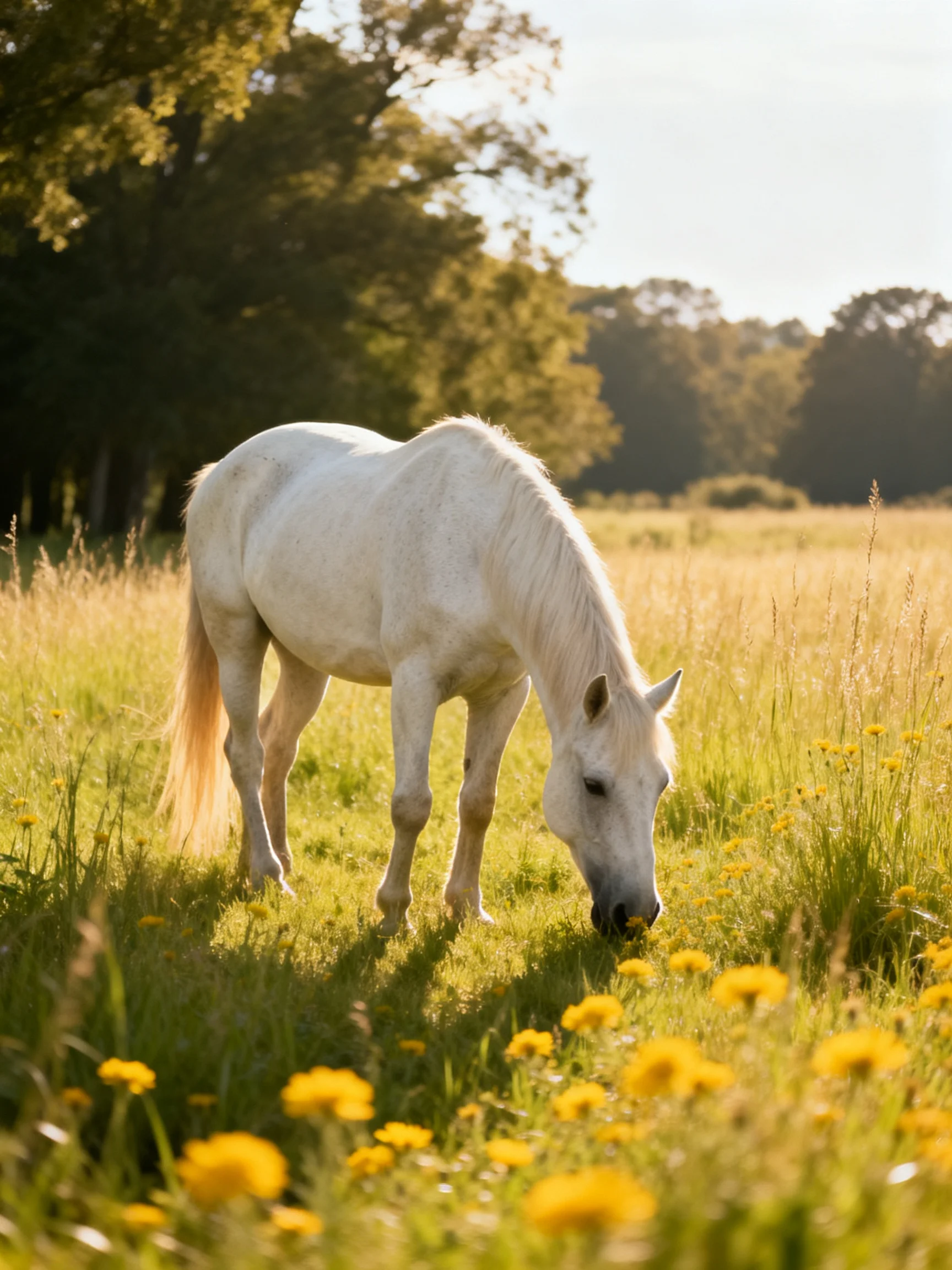 A white horse grazing in a sunlit meadow with yellow wildflowers