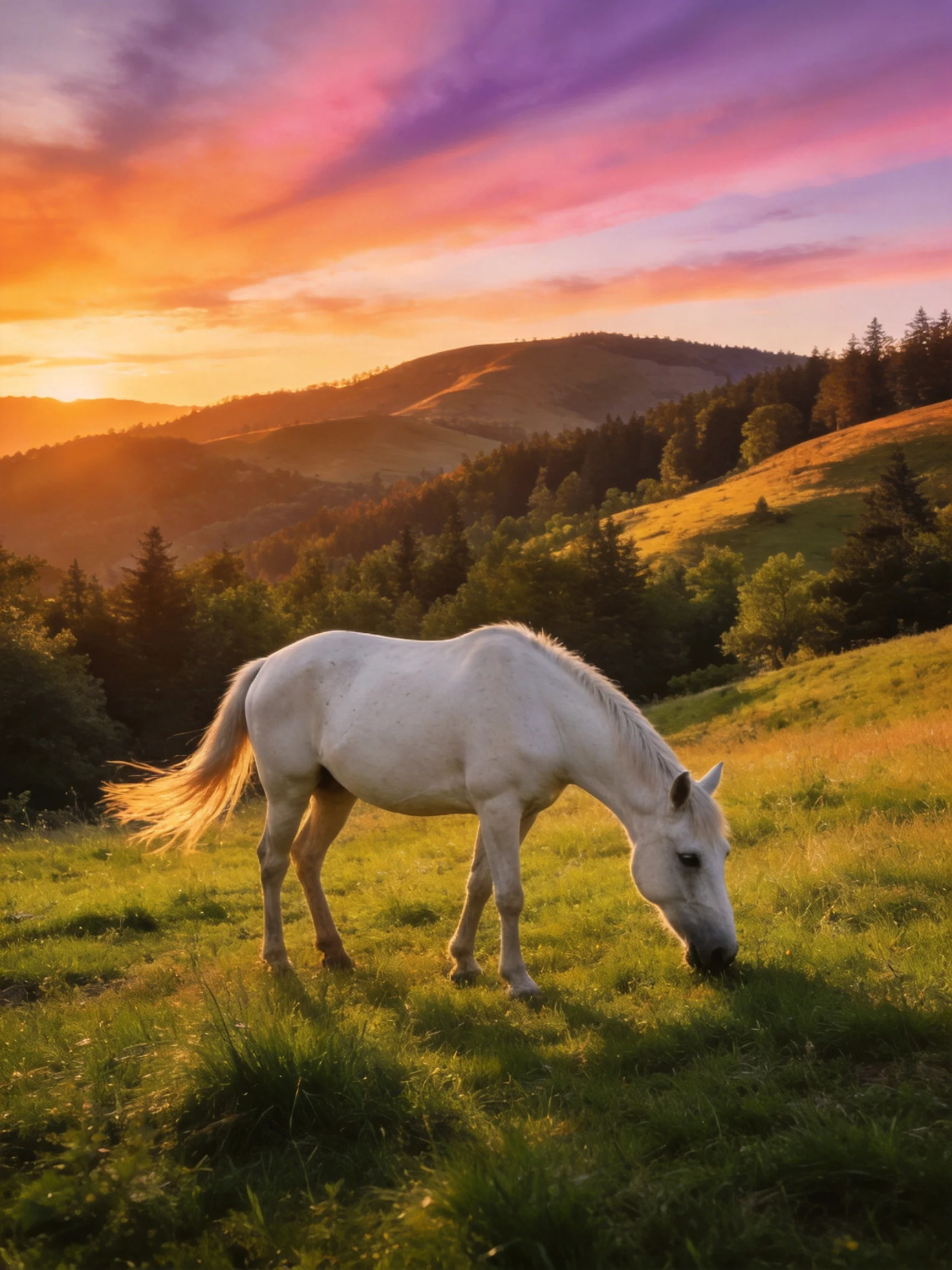 A white horse grazing in a sunlit mountain meadow at sunset