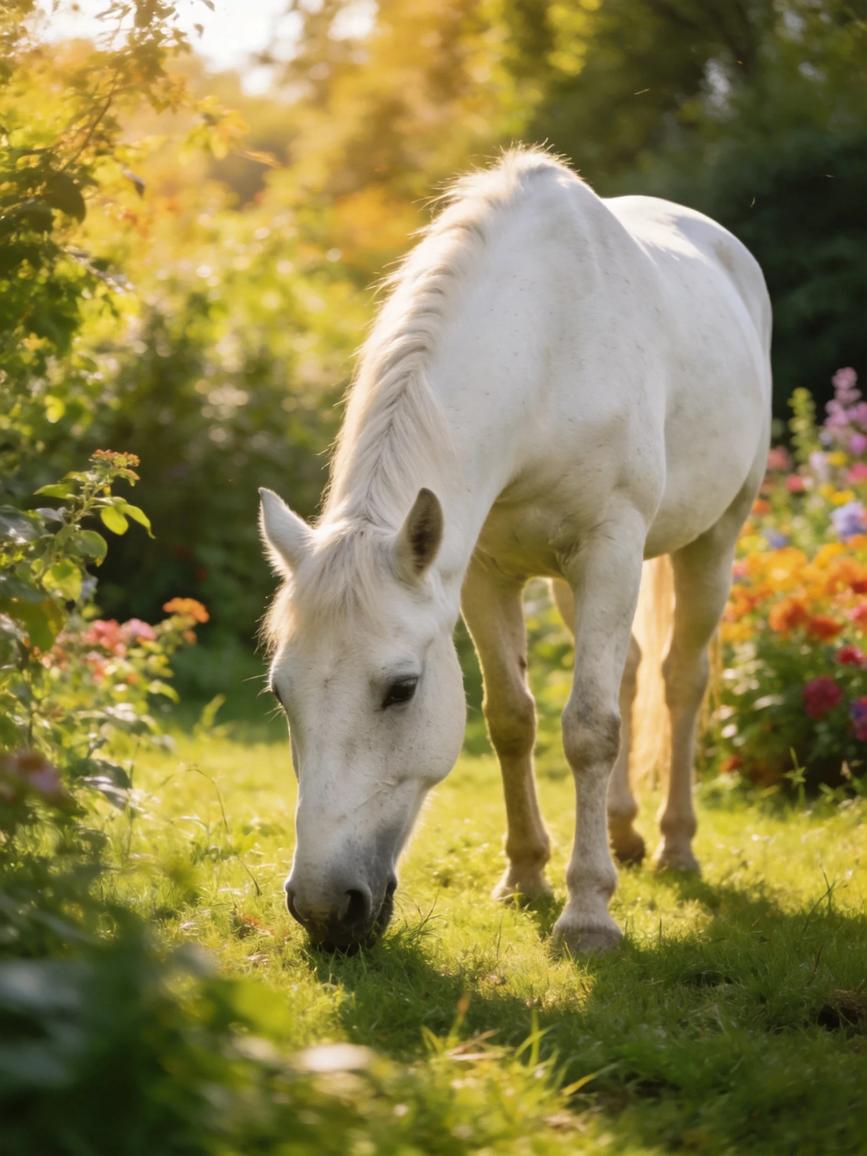 A white horse grazes among colorful flowers and greenery
