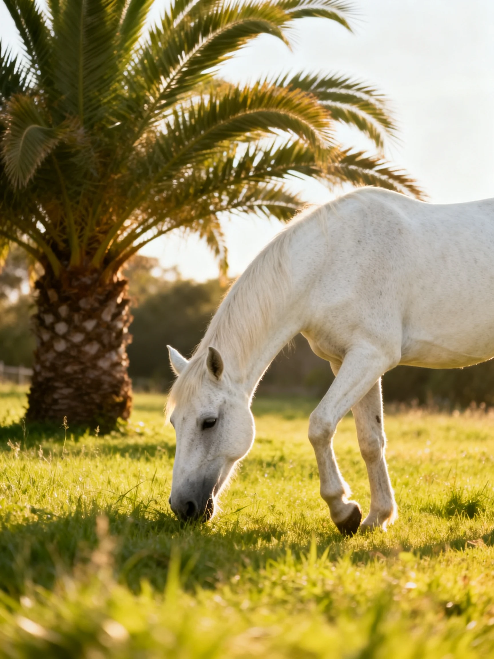 A white horse grazes in a sunlit field beside a palm tree.