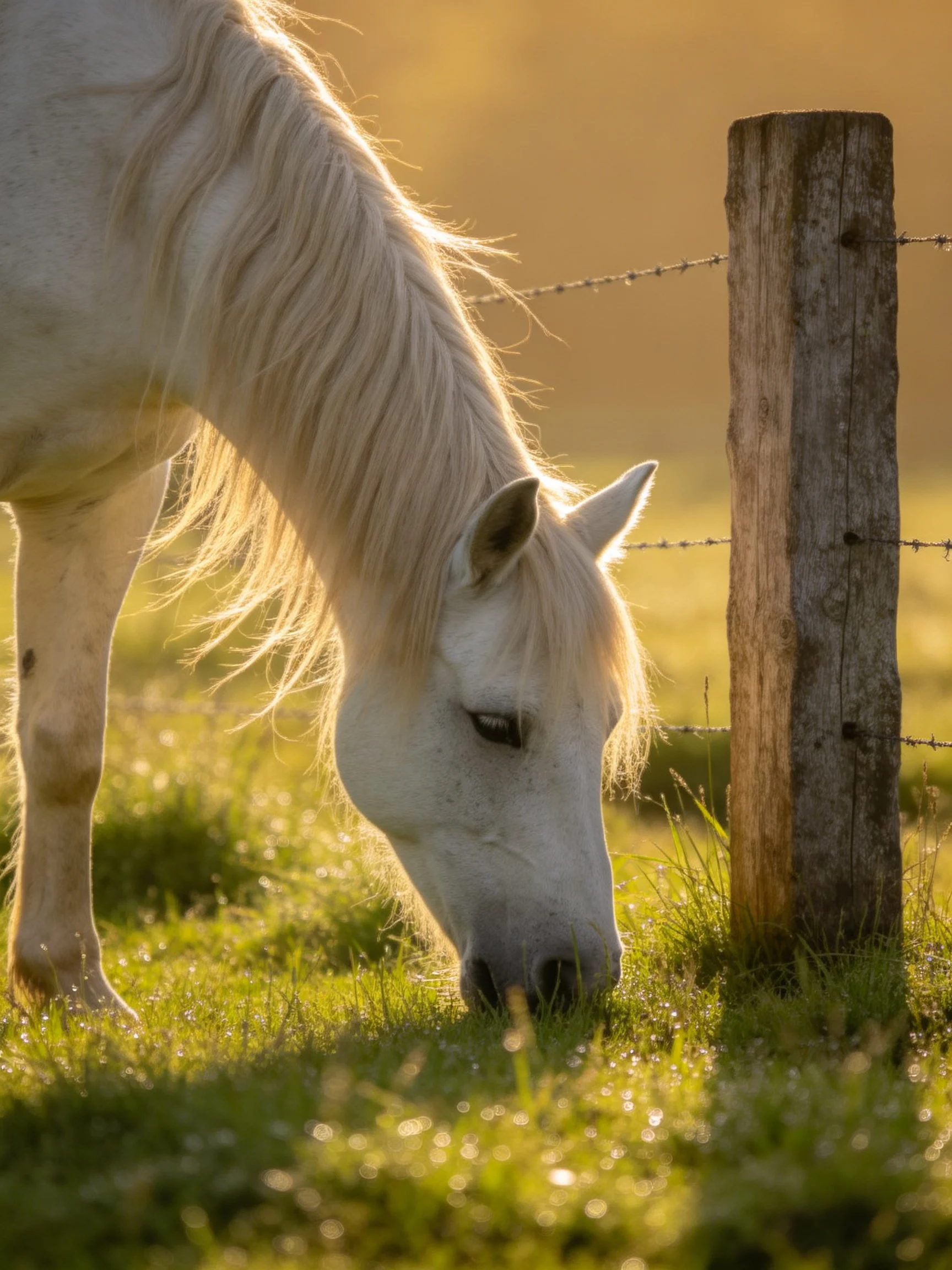 A white horse grazing near a wooden fence in golden sunlight