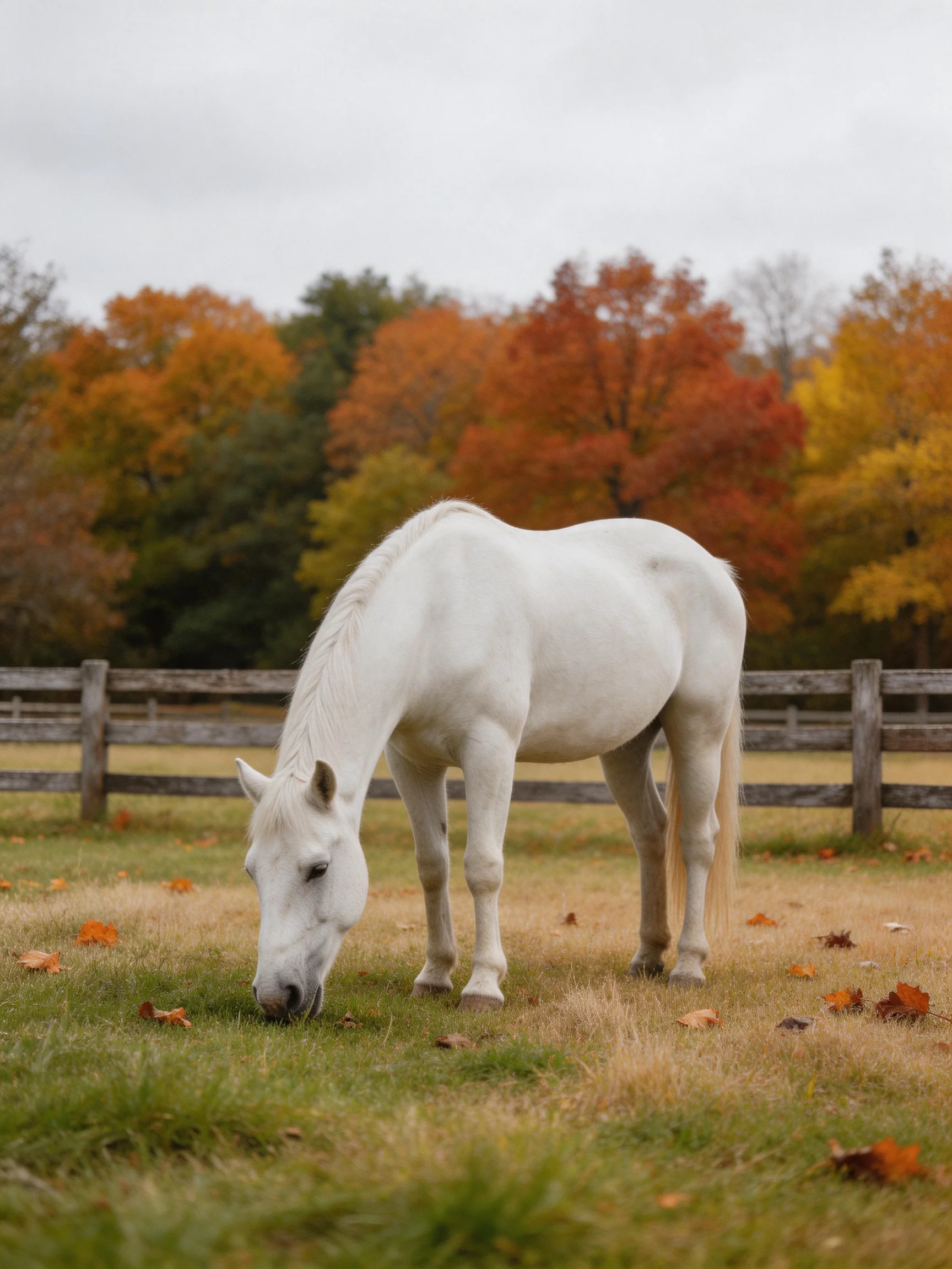 A white horse grazing near vibrant fall foliage by a wooden fence