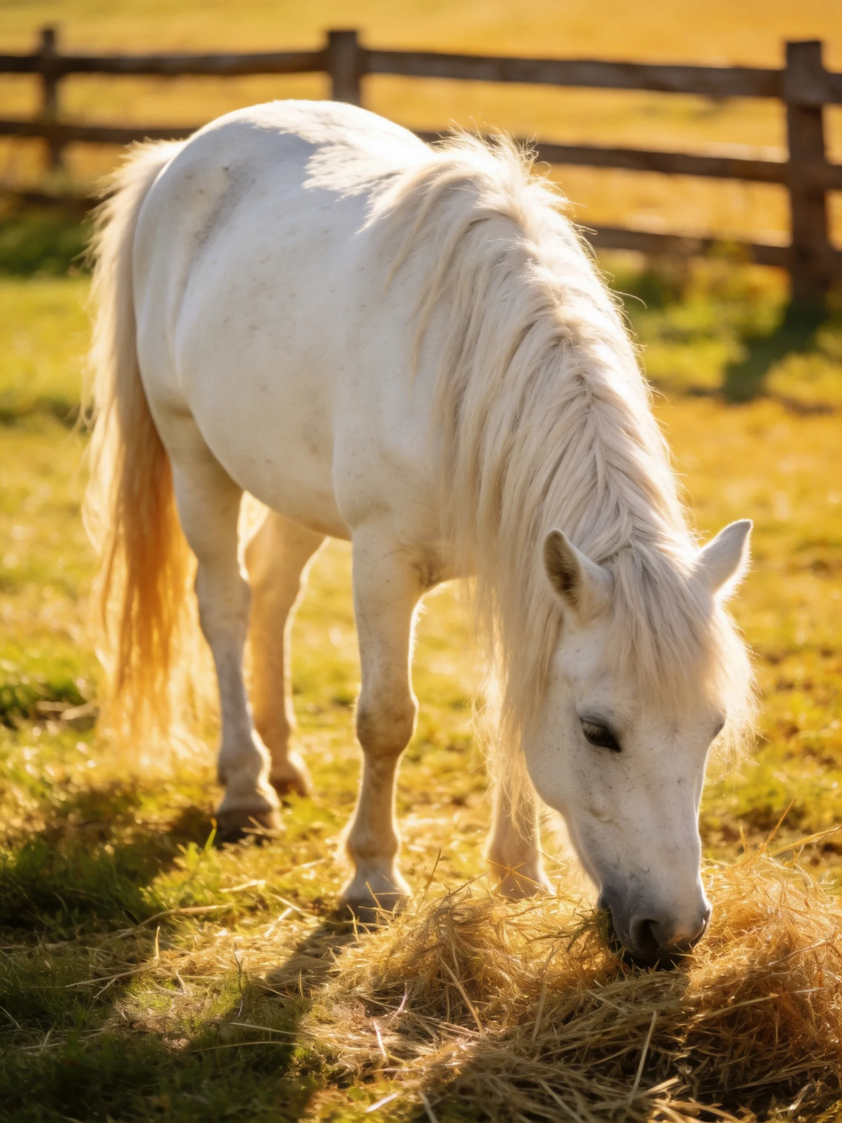 A white horse grazing on golden hay in a sunlit field with a wooden fence