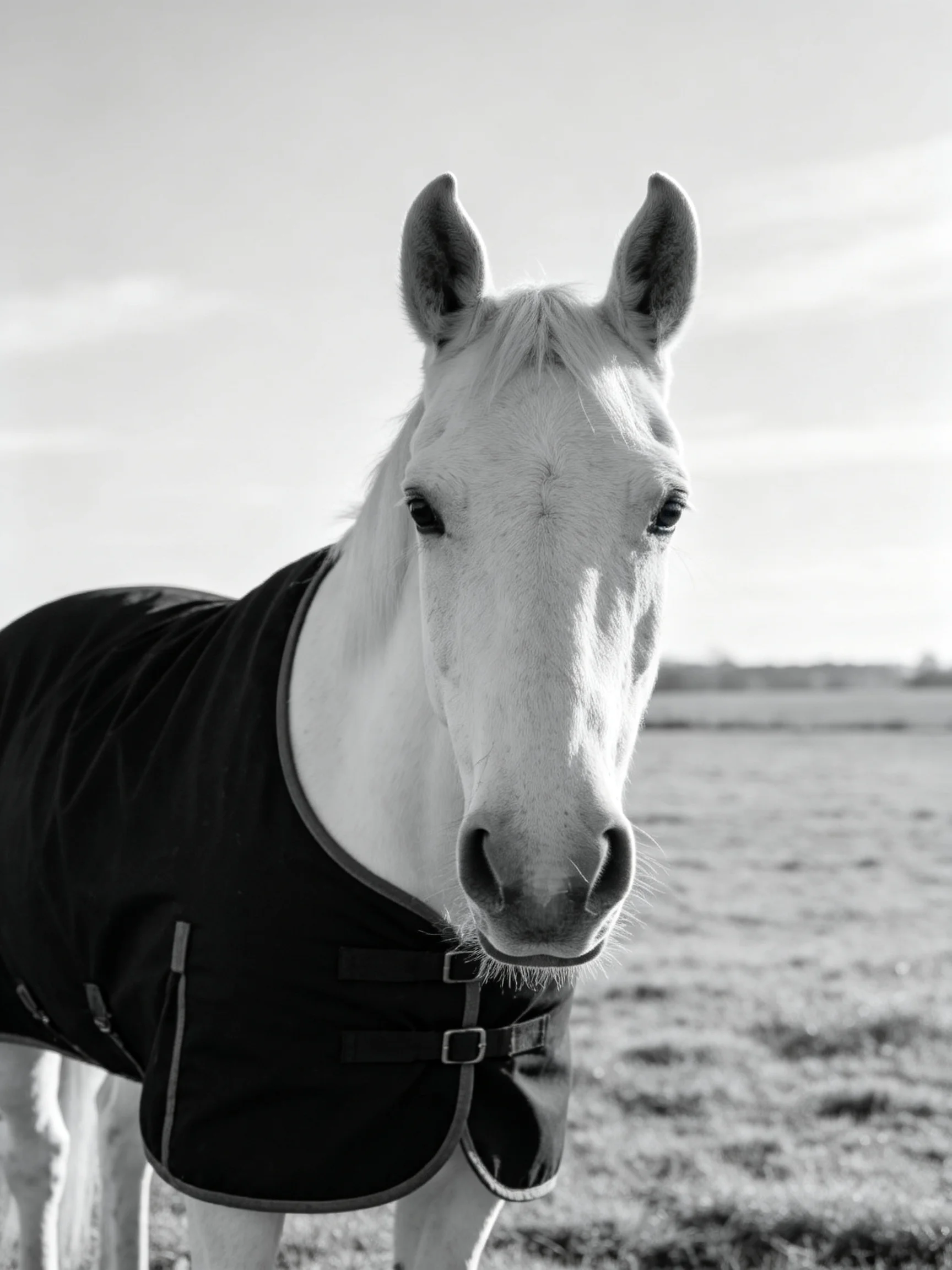 A white horse in a black blanket stands in an open field