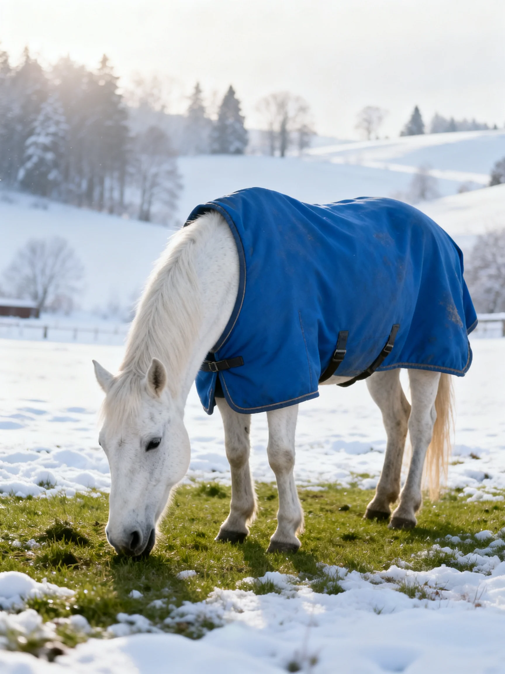 A white horse in a blue blanket grazes on snow-dusted grass