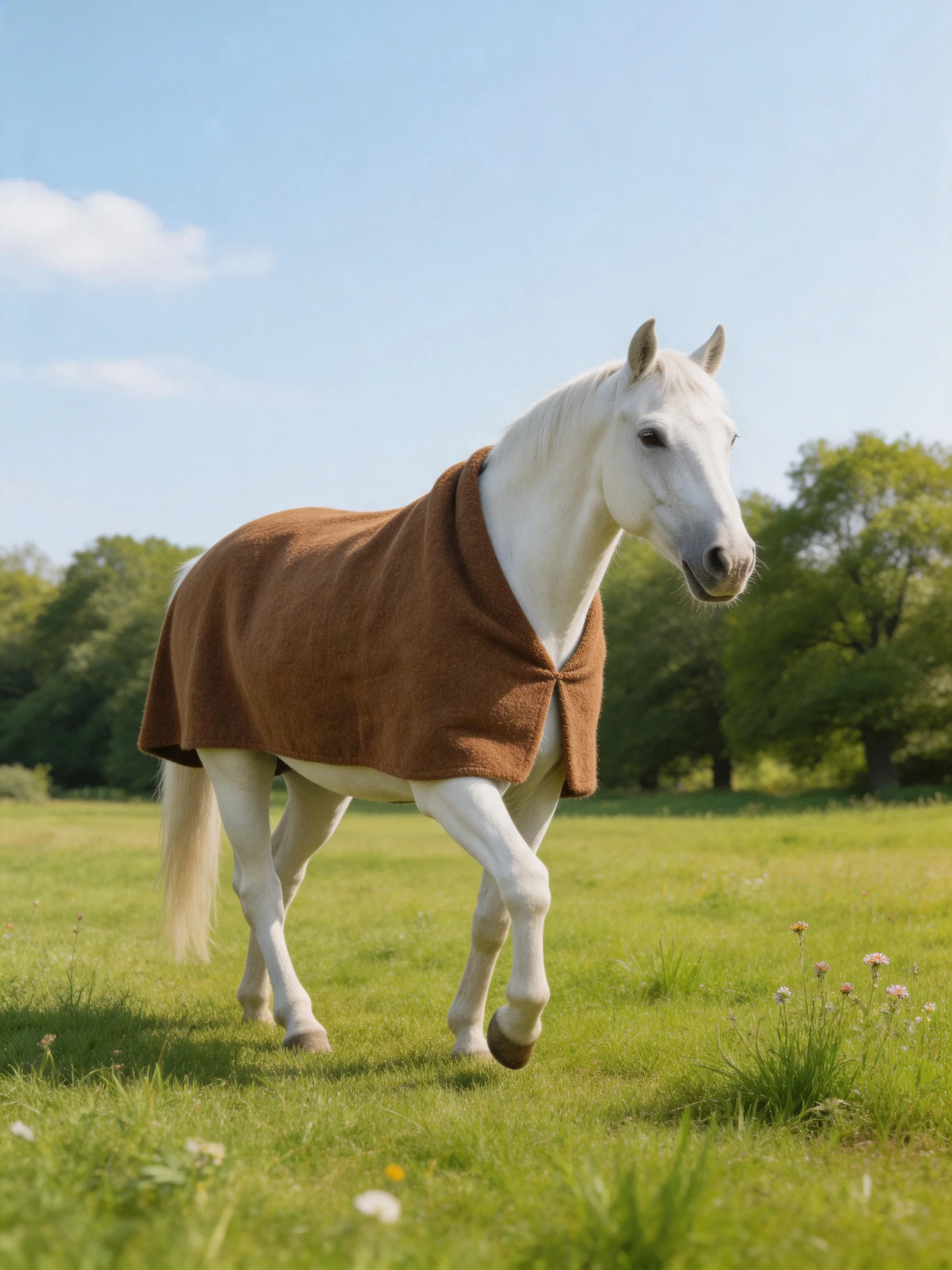 A white horse in a brown blanket roams a green meadow