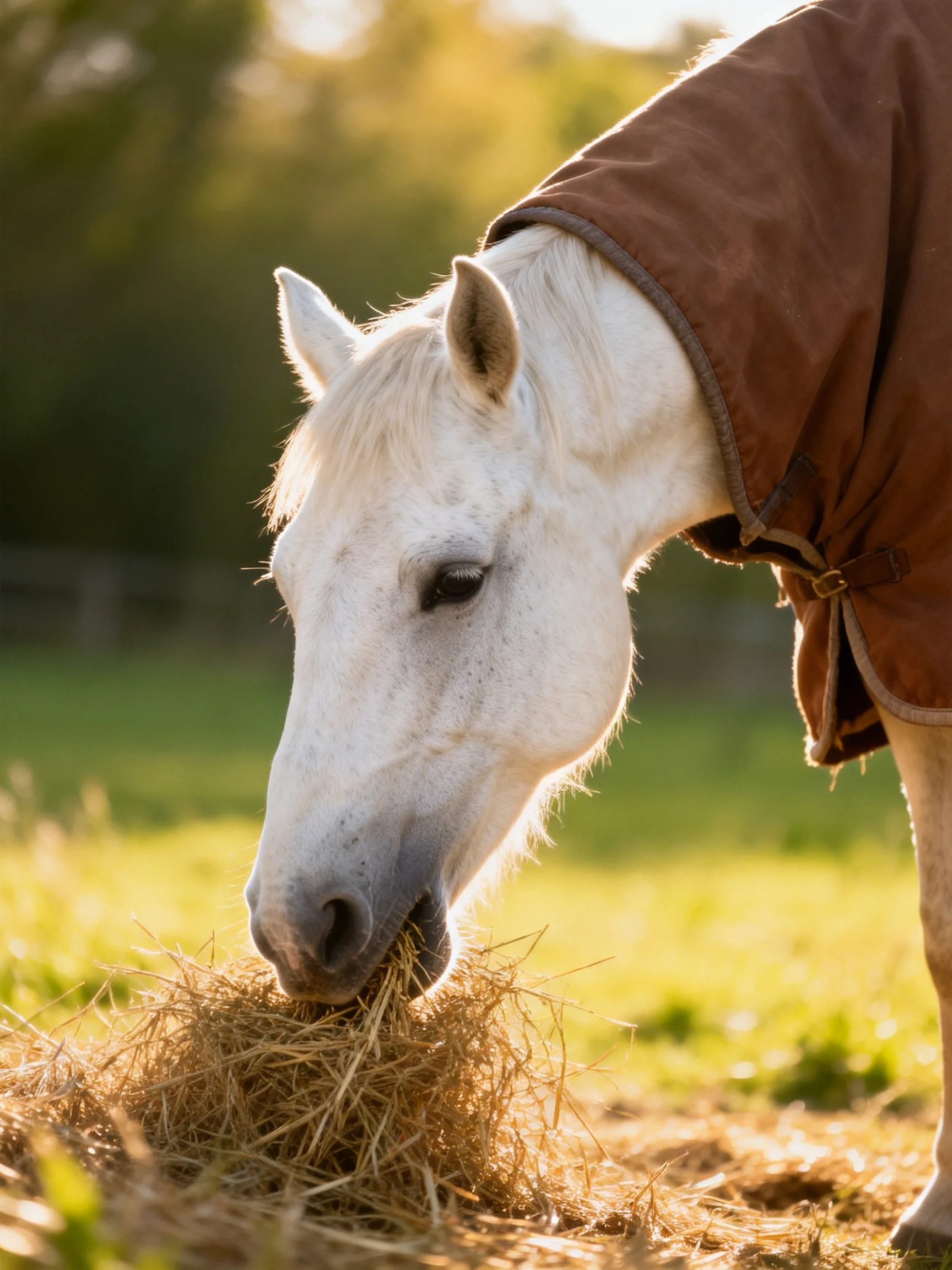 A white horse in a brown coat eats hay in a sunlit field