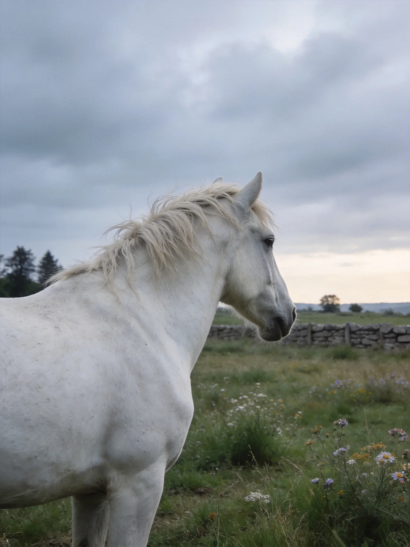 A white horse in a flowered meadow near a stone fence under cloudy skies