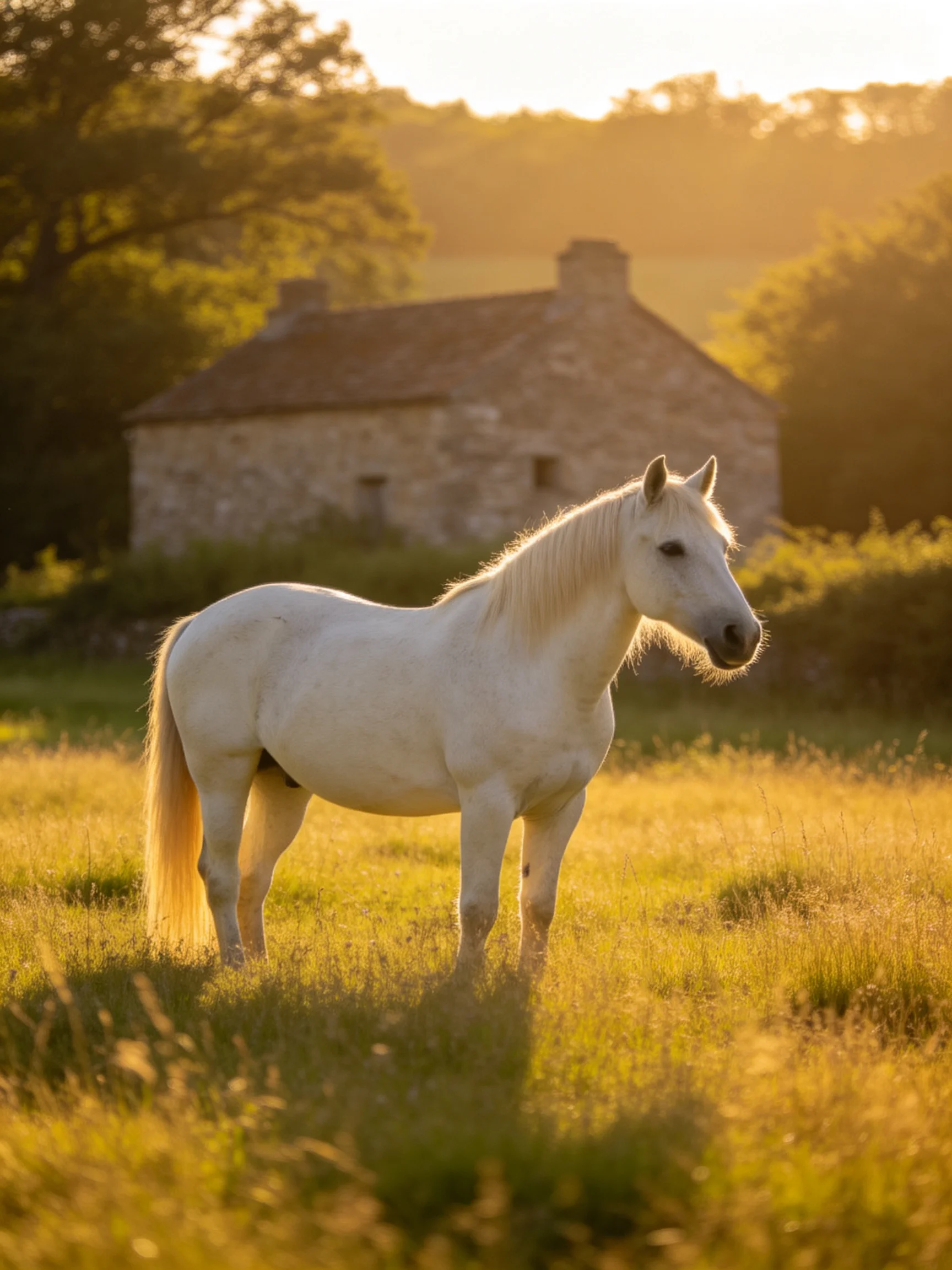 A white horse in a golden meadow near an old stone house