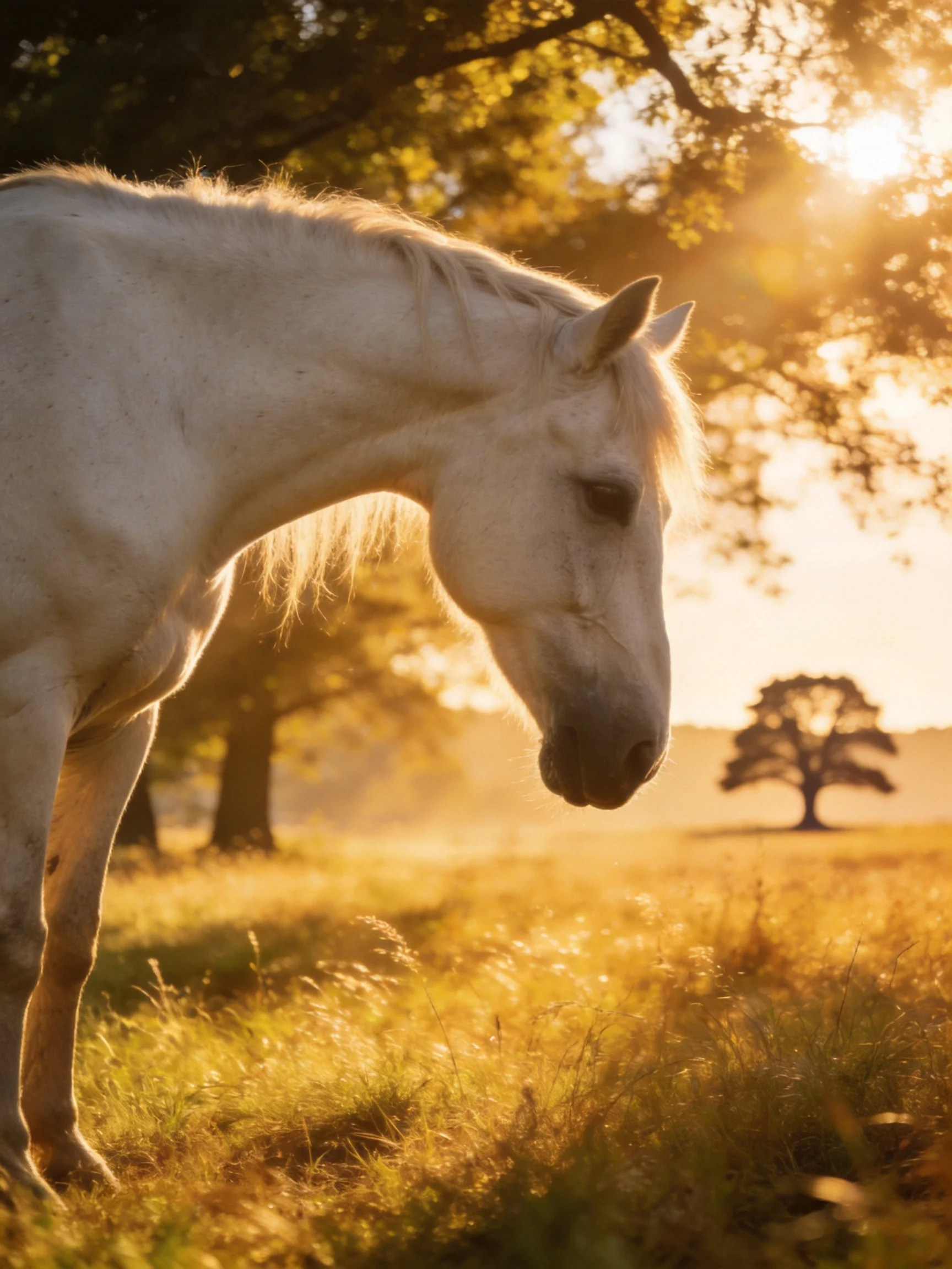 A white horse in a golden meadow with sunlit trees