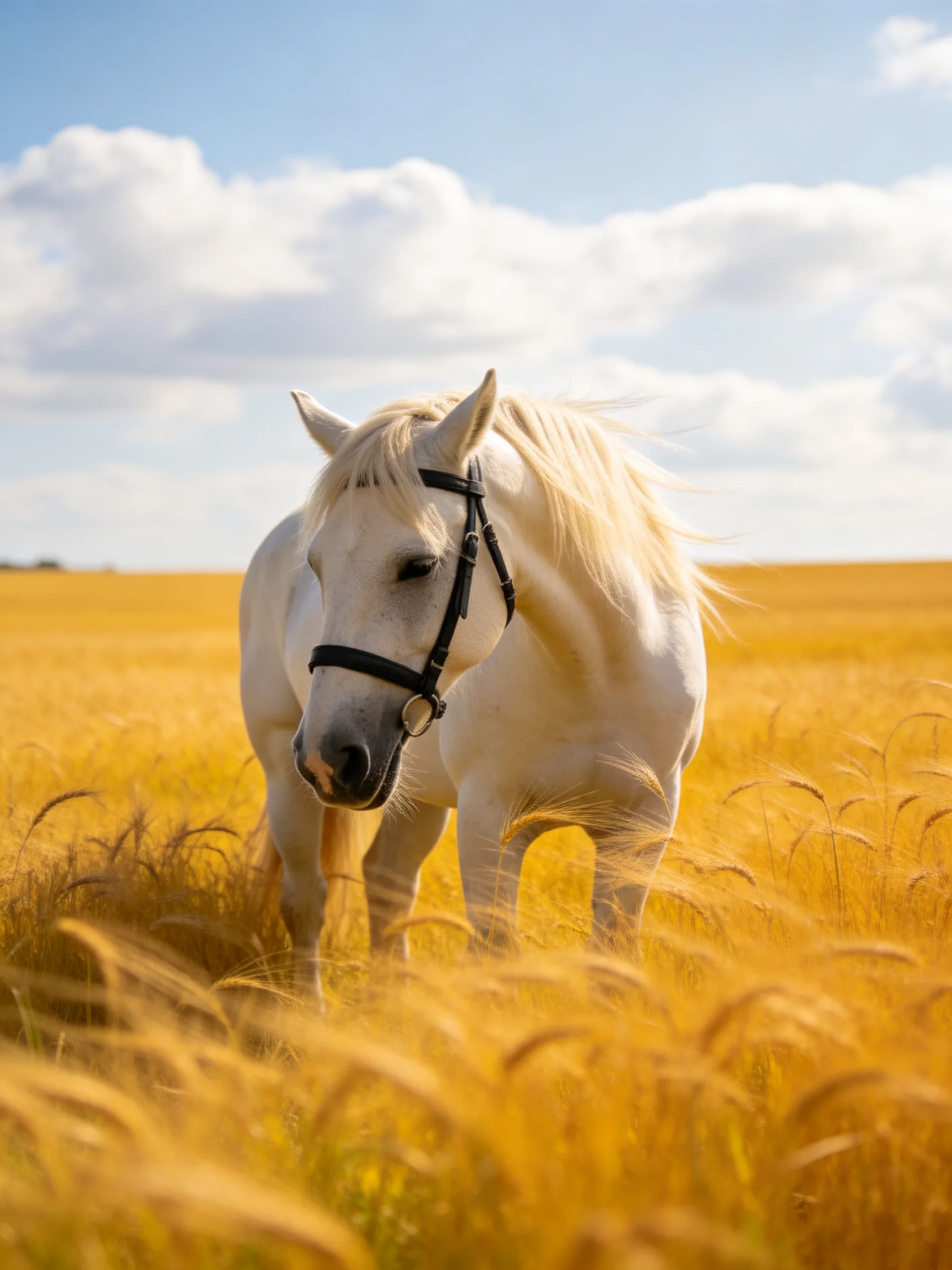 A white horse in a golden wheat field under blue sky
