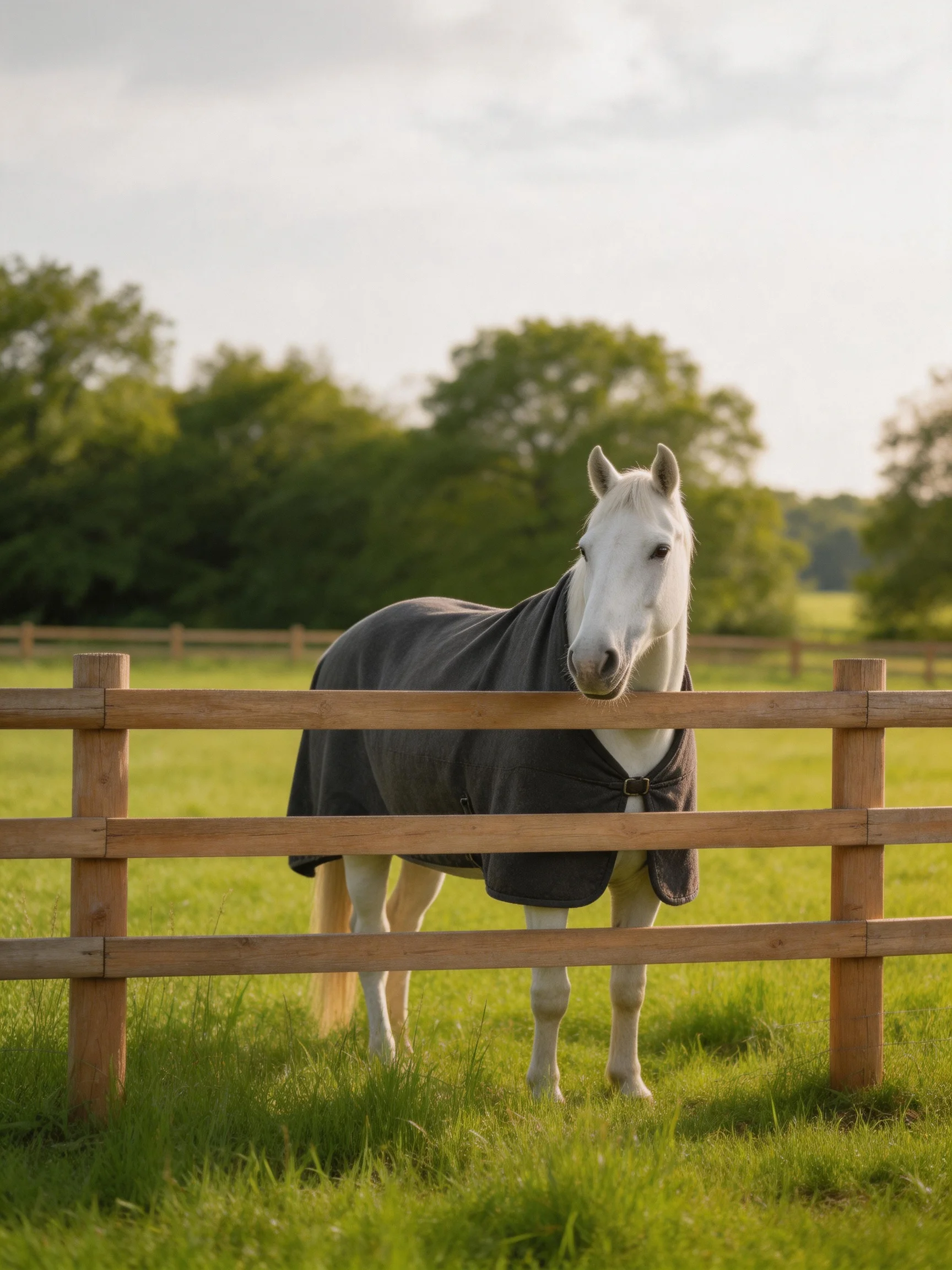 A white horse in a gray blanket near a wooden fence in a green pasture