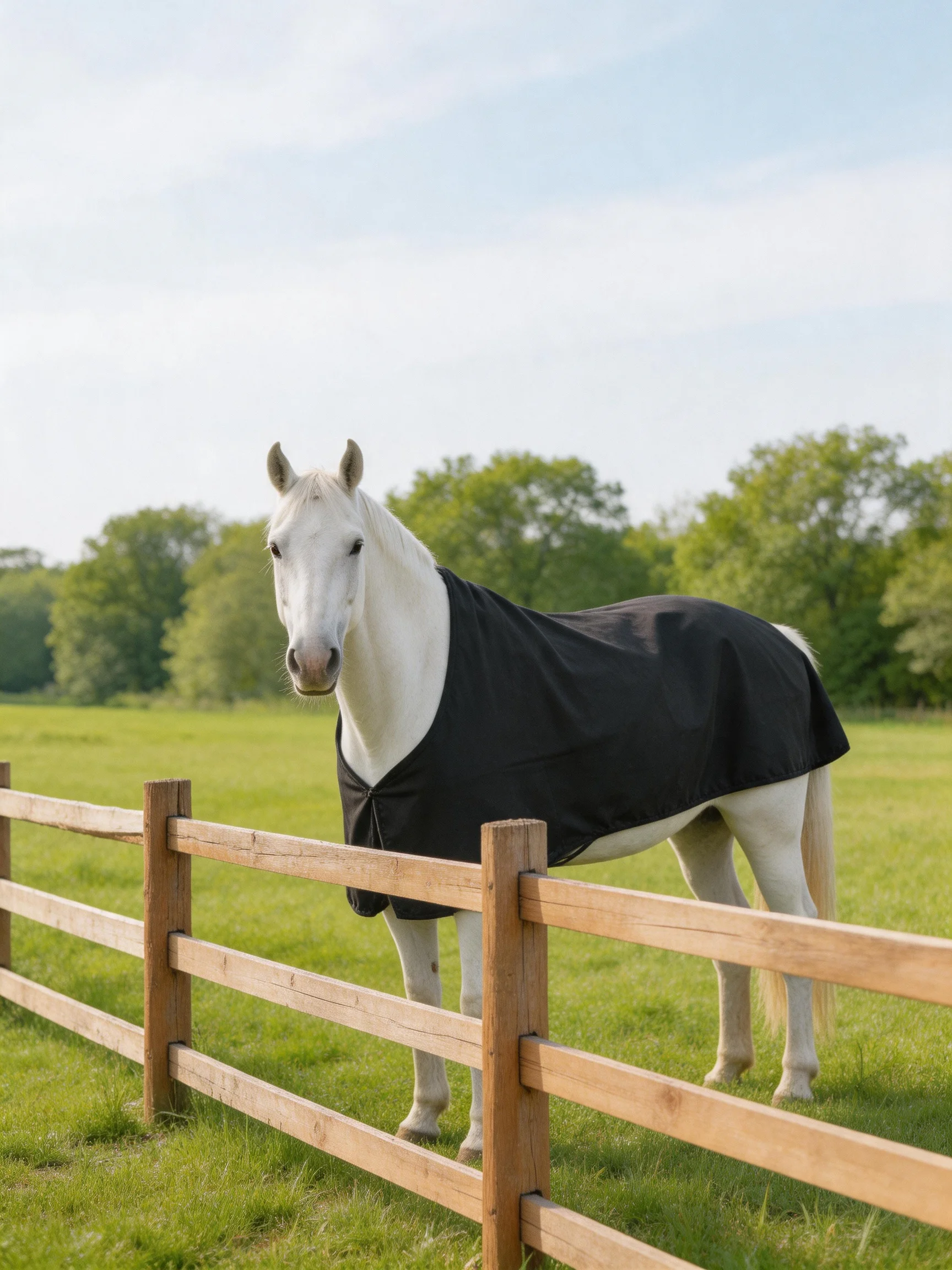 A white horse in a green field wears a black blanket near a woodenfence