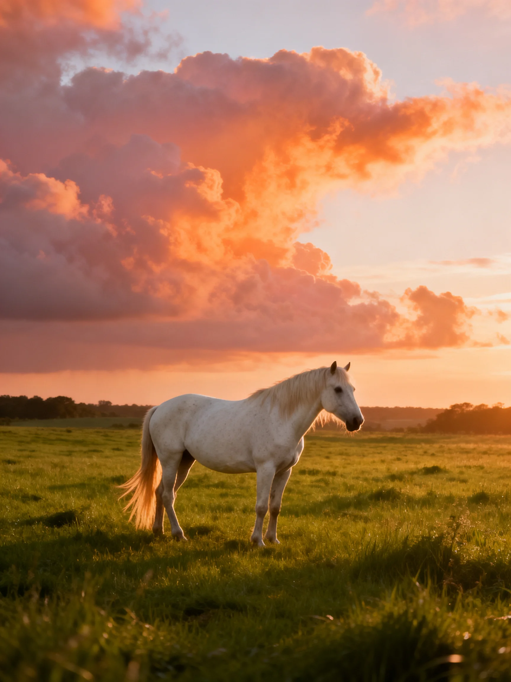 A white horse in a green meadow beneath vibrant sunset clouds