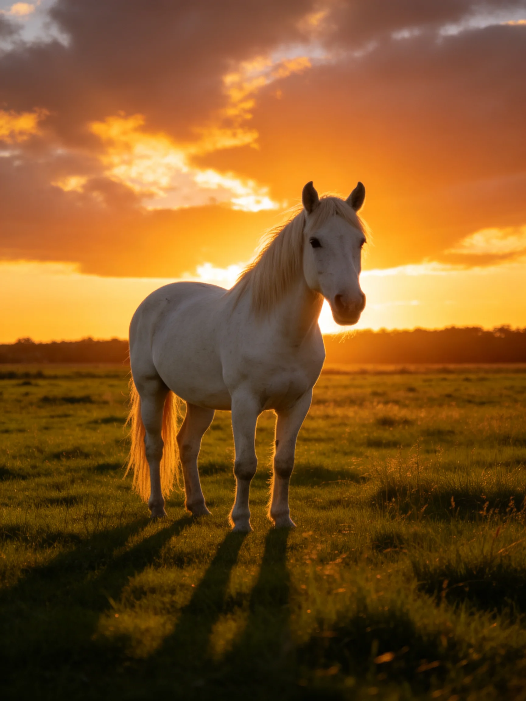 A white horse stands in a grassy field beneath a golden sunset sky.