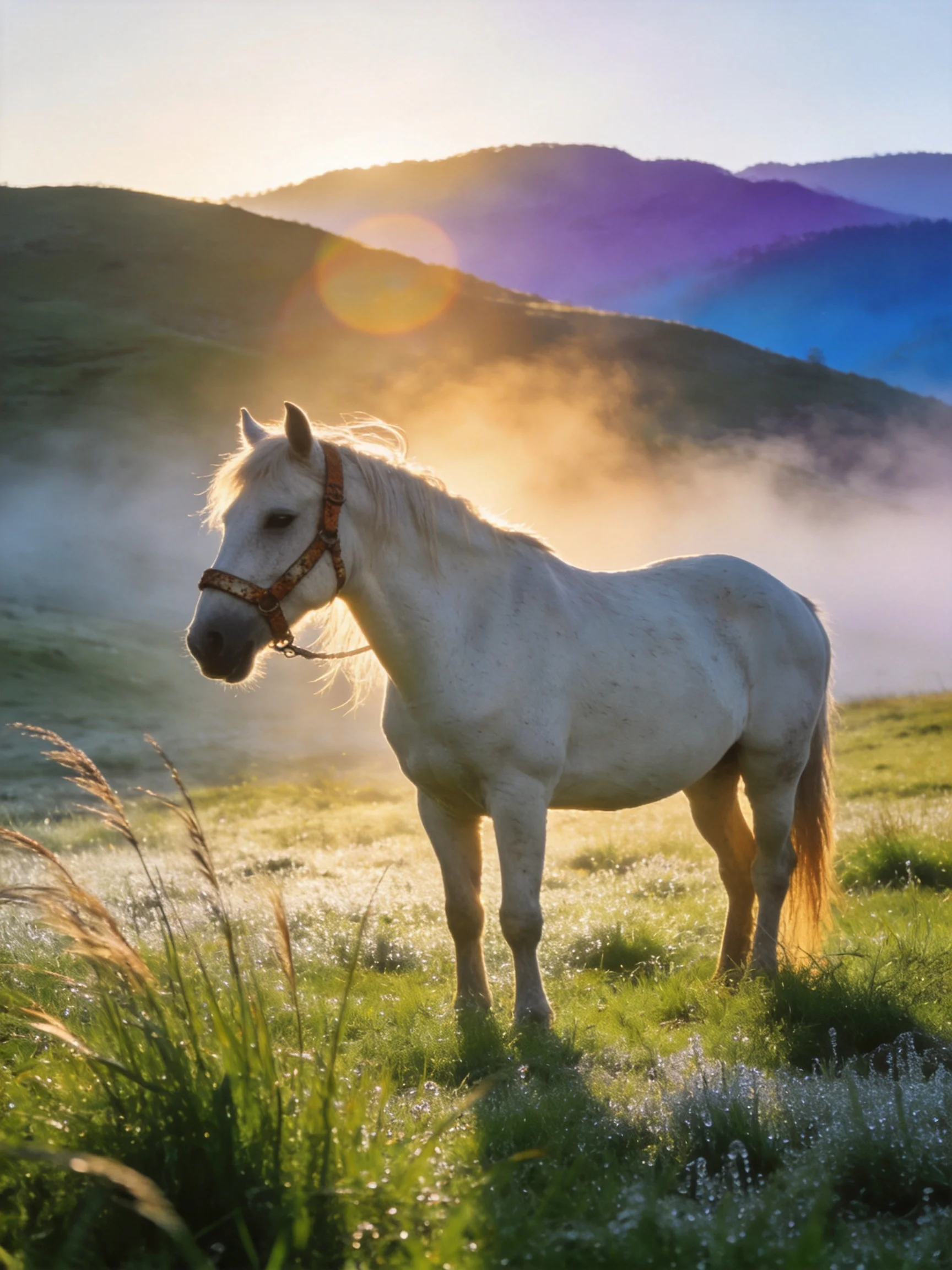 A white horse in a misty mountain meadow at dawn