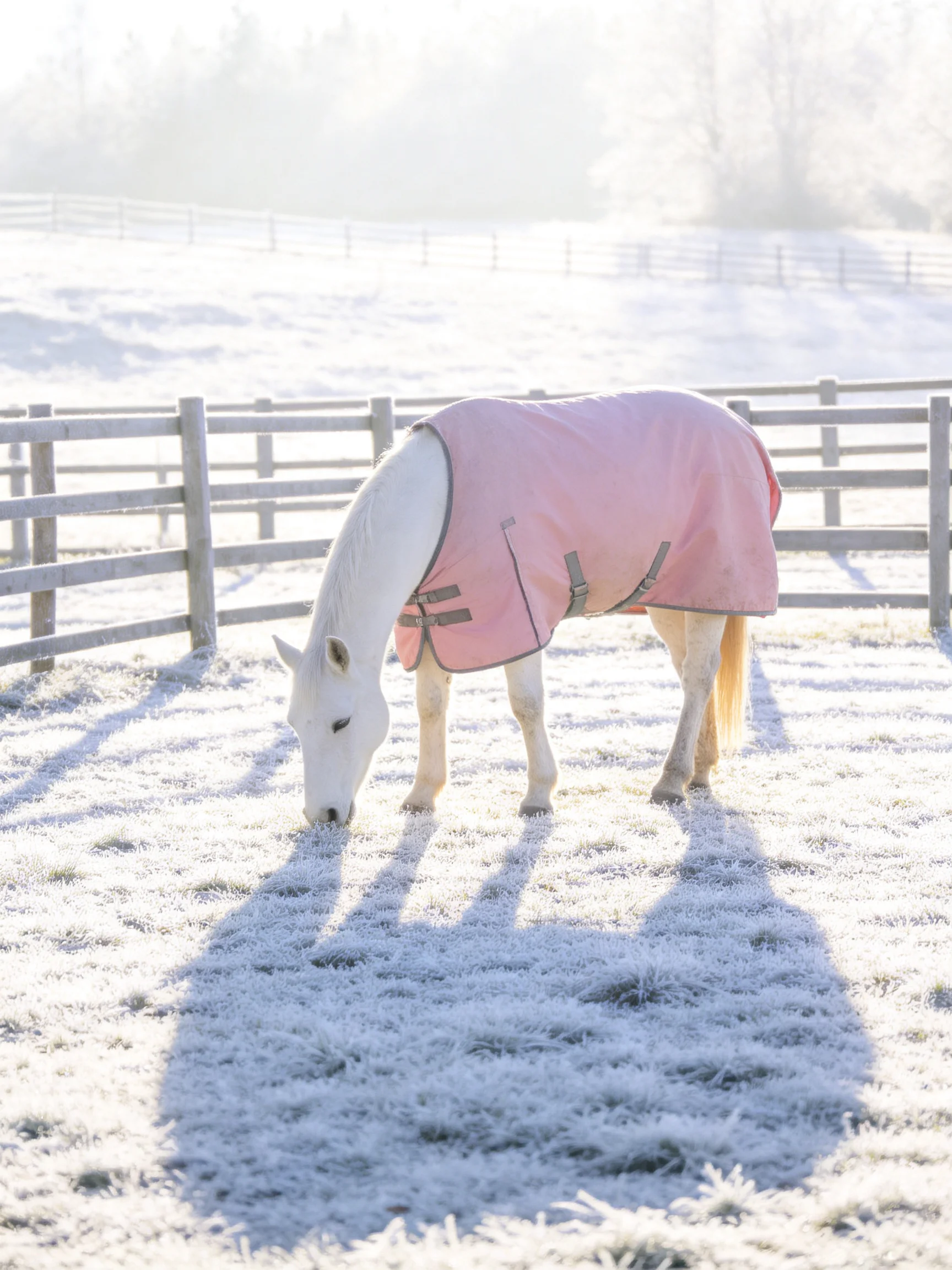 A white horse in a pink blanket grazes in a frosty fenced enclosure