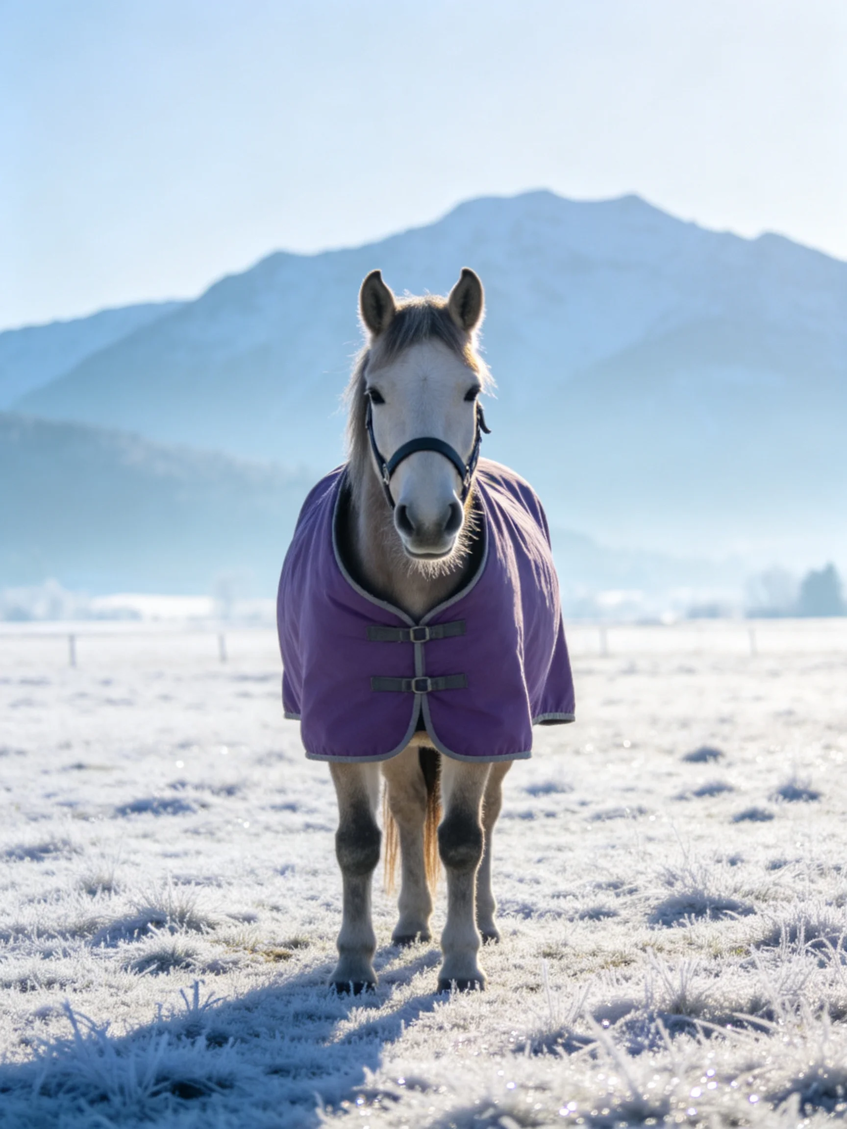 A white horse in a purple blanket stands on frosty ground near misty mountains