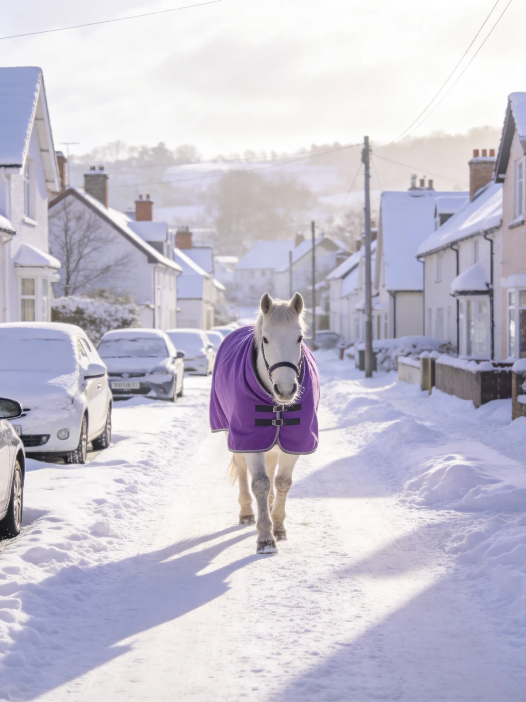 A white horse in a purple blanket traverses a snow-covered residential street.