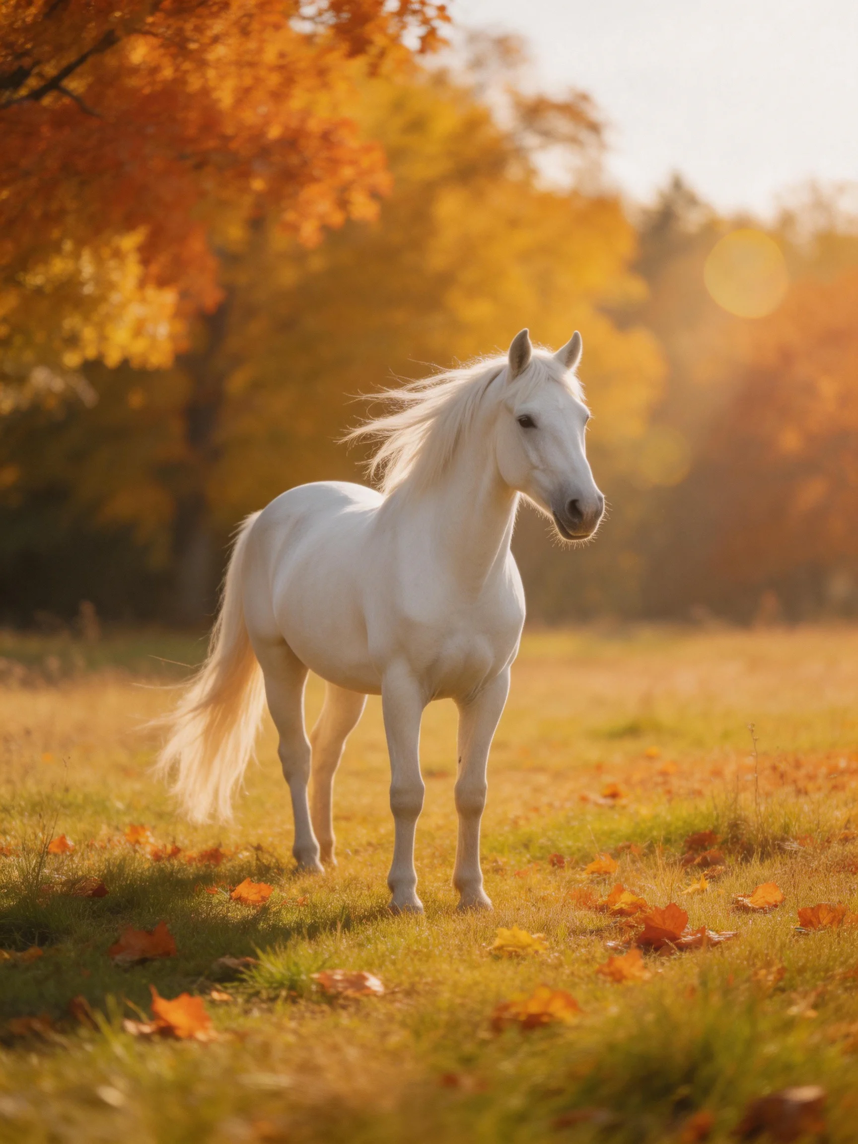 A white horse in a sunlit autumn meadow with golden foliage