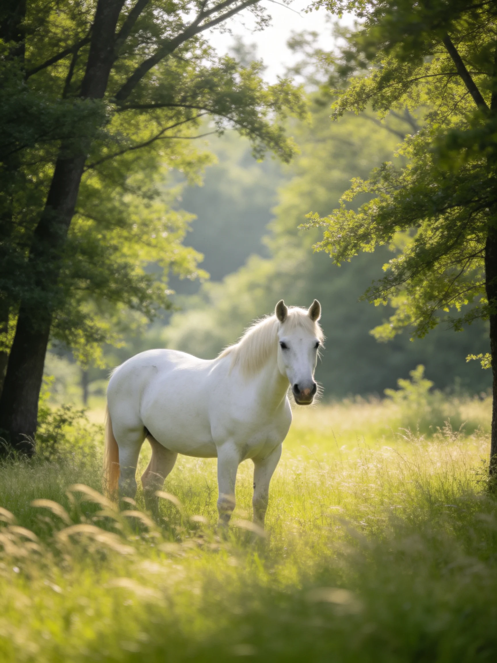 A white horse stands in a sunlit meadow among trees.