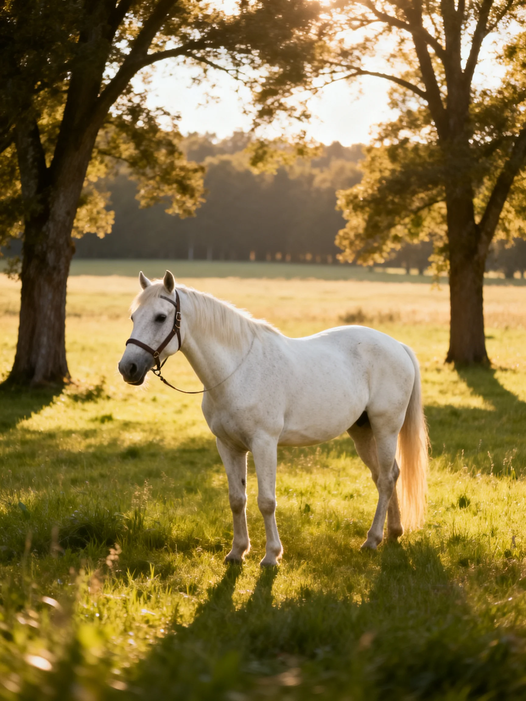 A white horse in a sunlit green meadow with large trees